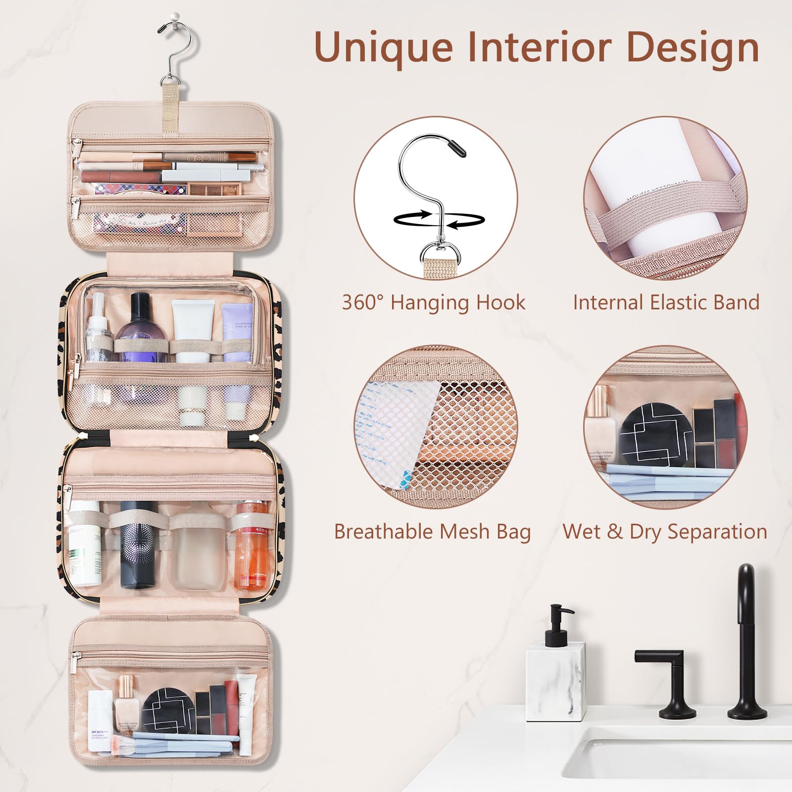 Wedama leopard bag features 360 degree hook for easy hanging in bathrooms or hotel rooms.