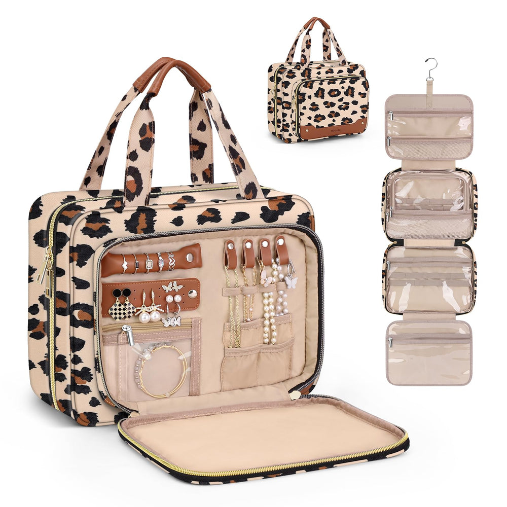 Wedama toiletry bag leopard front jewelry compartment keeps rings and earrings organized during travel.