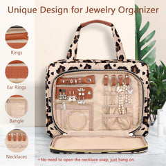 Wedama leopard toiletry bag open view shows large capacity for cosmetics and travel essentials.