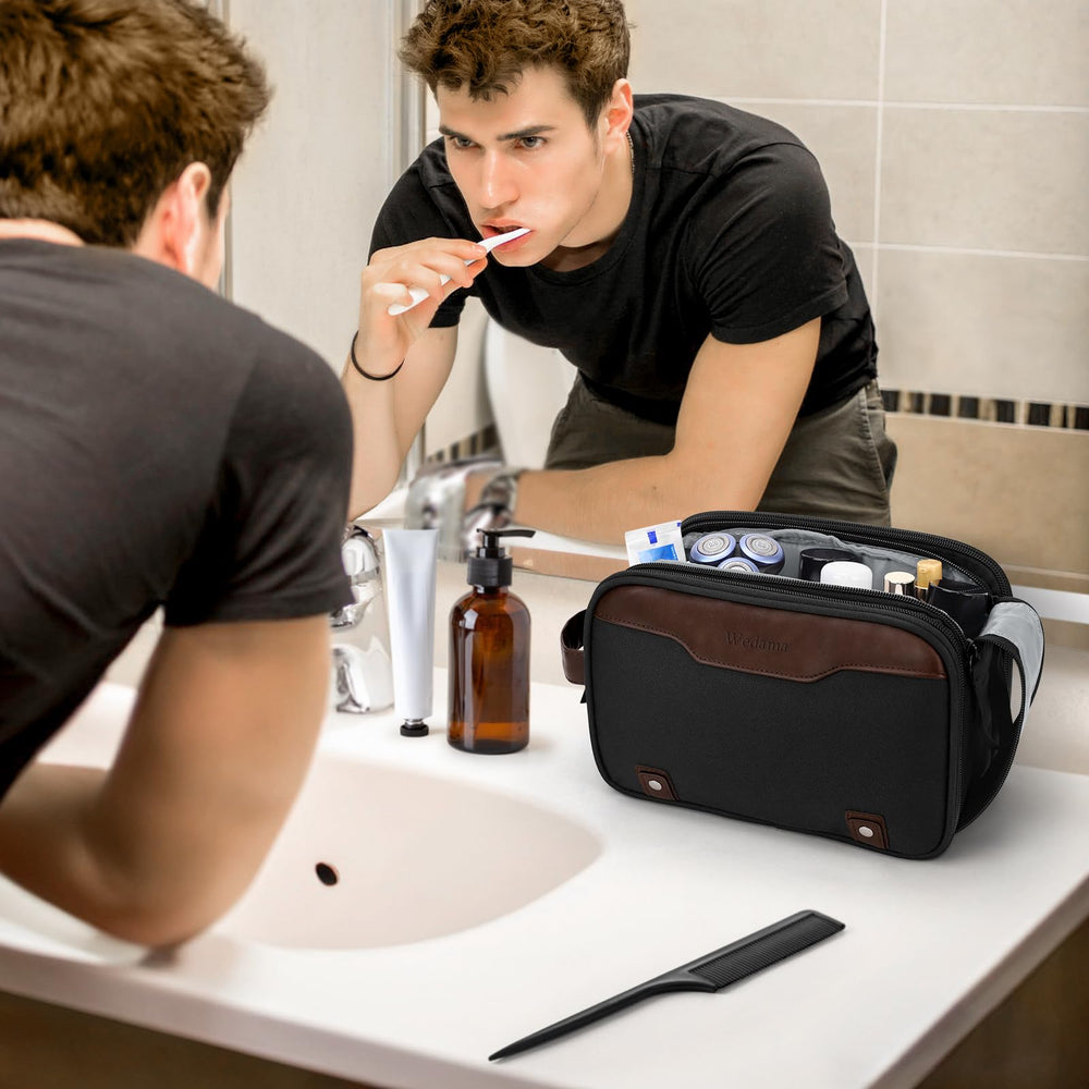 Wedama toiletry bag includes three elastic compartments keeping bottles upright