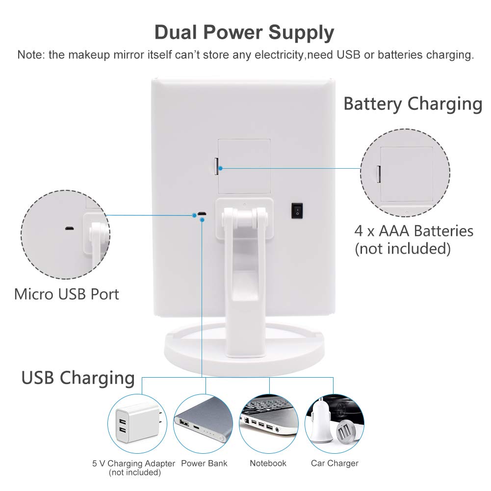 WEILY makeup mirror dual-power setup for USB or battery-powered use.