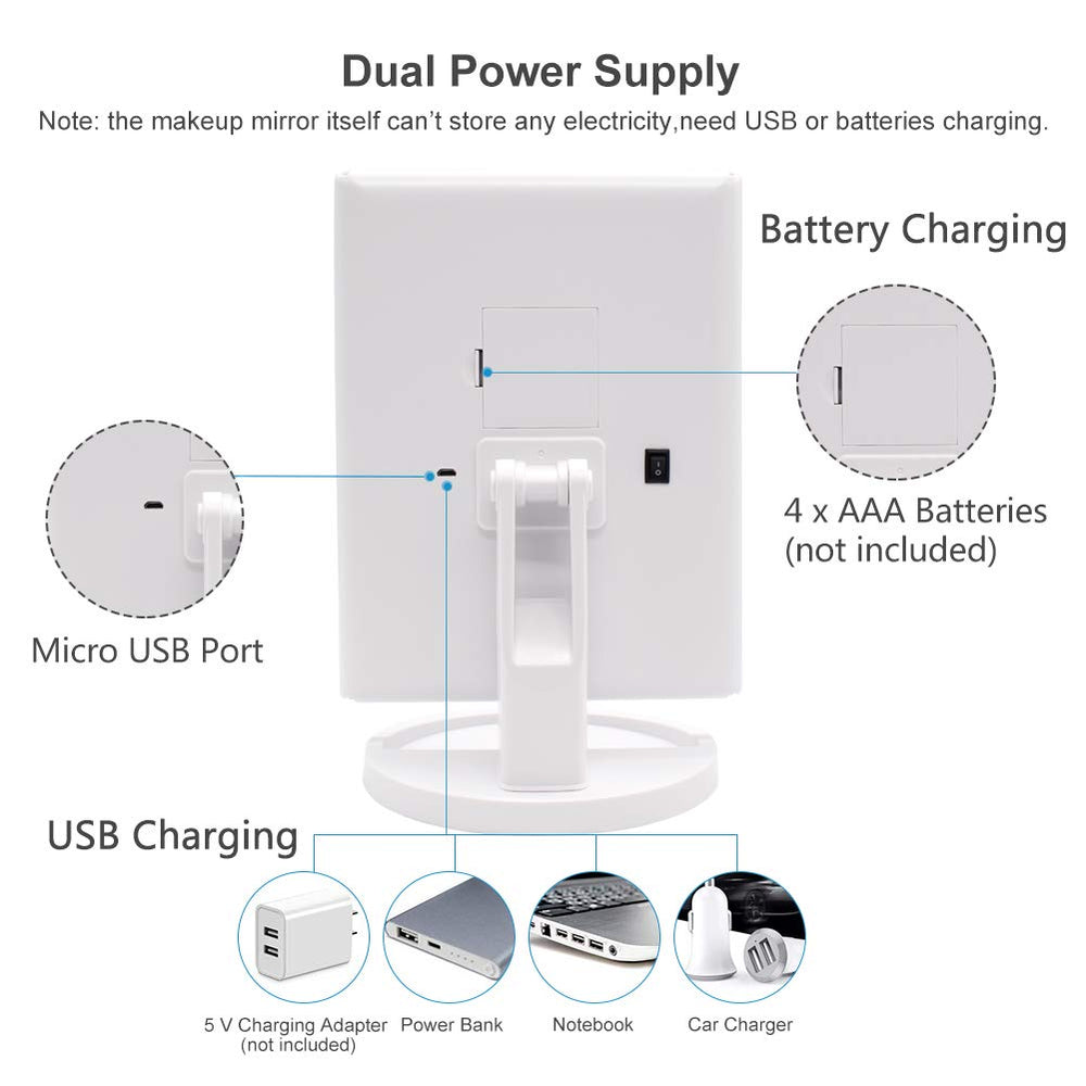 WEILY makeup mirror dual-power setup for USB or battery-powered use.