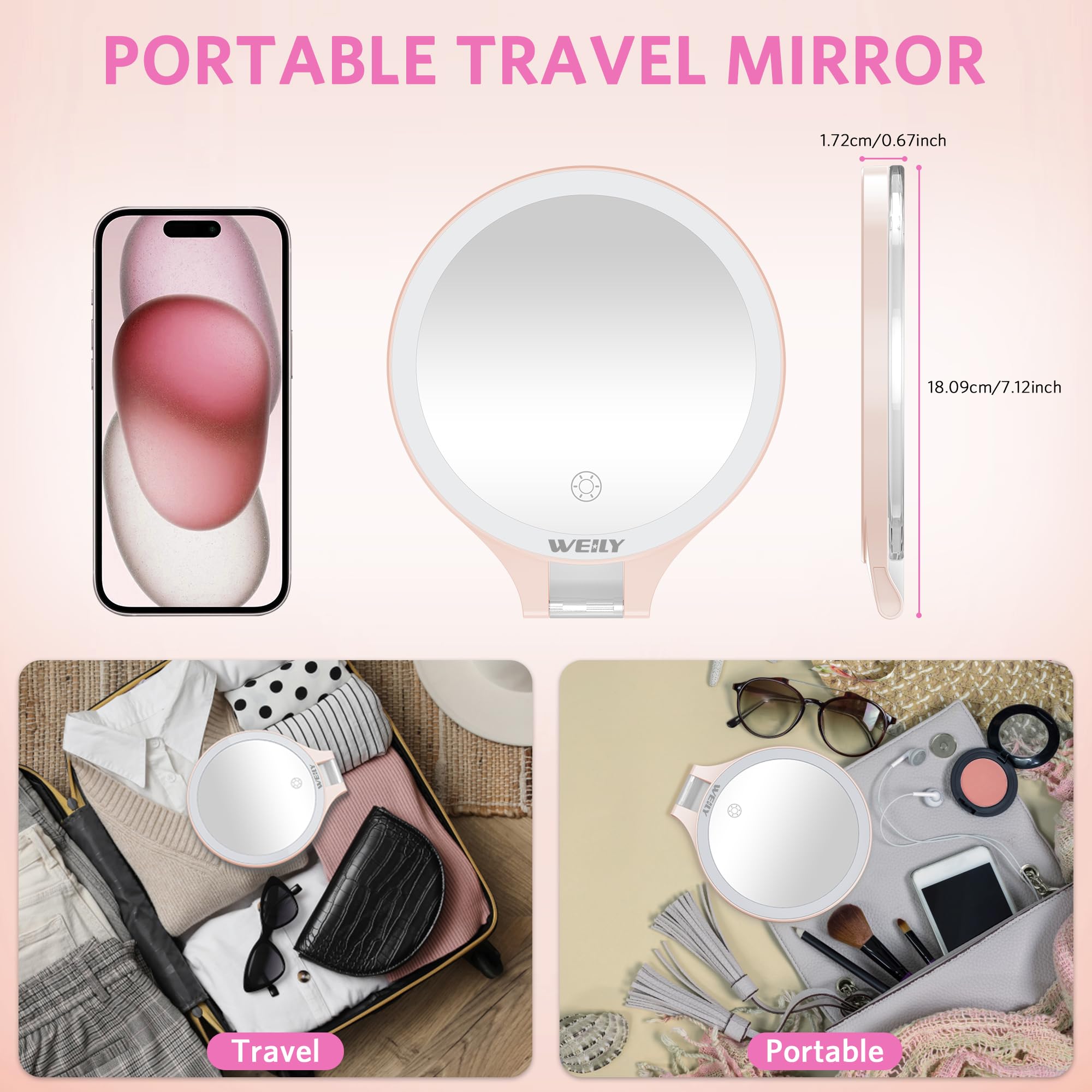 WEILY pink compact mirror adds portable elegance for daily routines.
