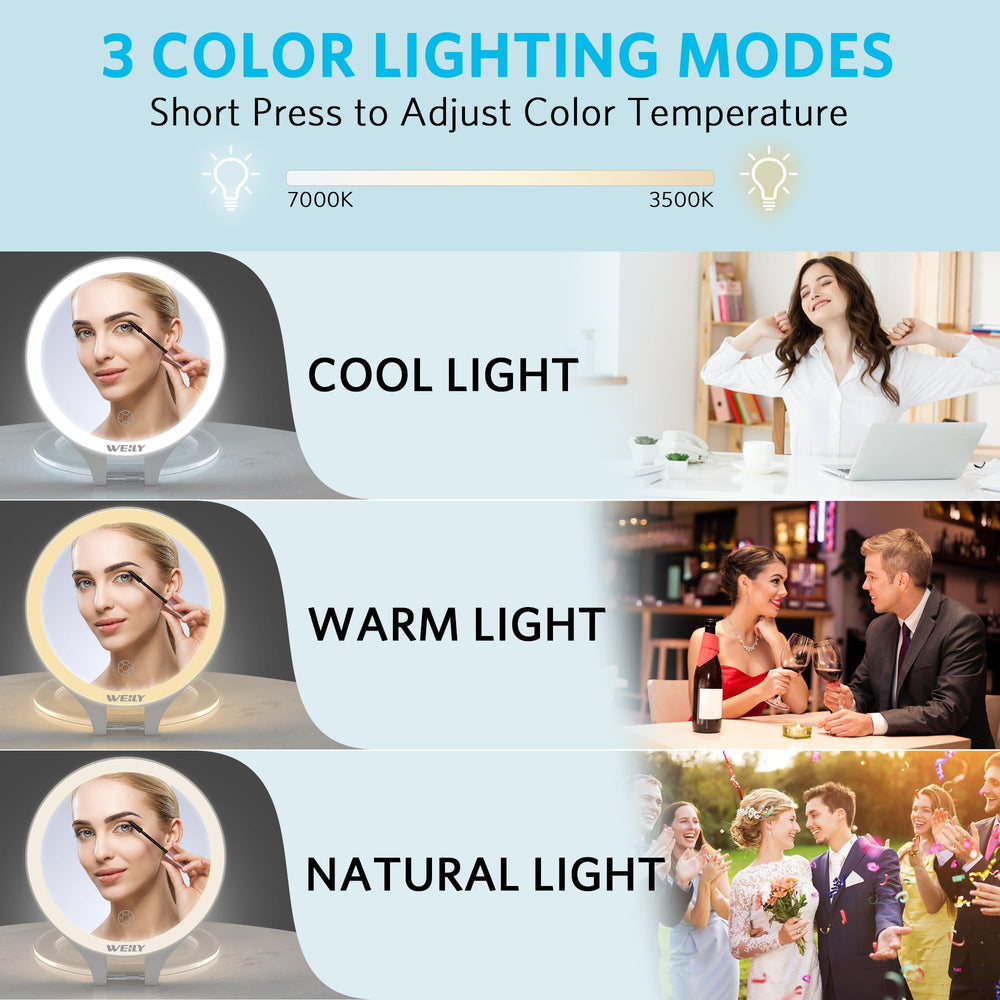 WEILY mirror demonstrates three color light modes for true-tone previews.