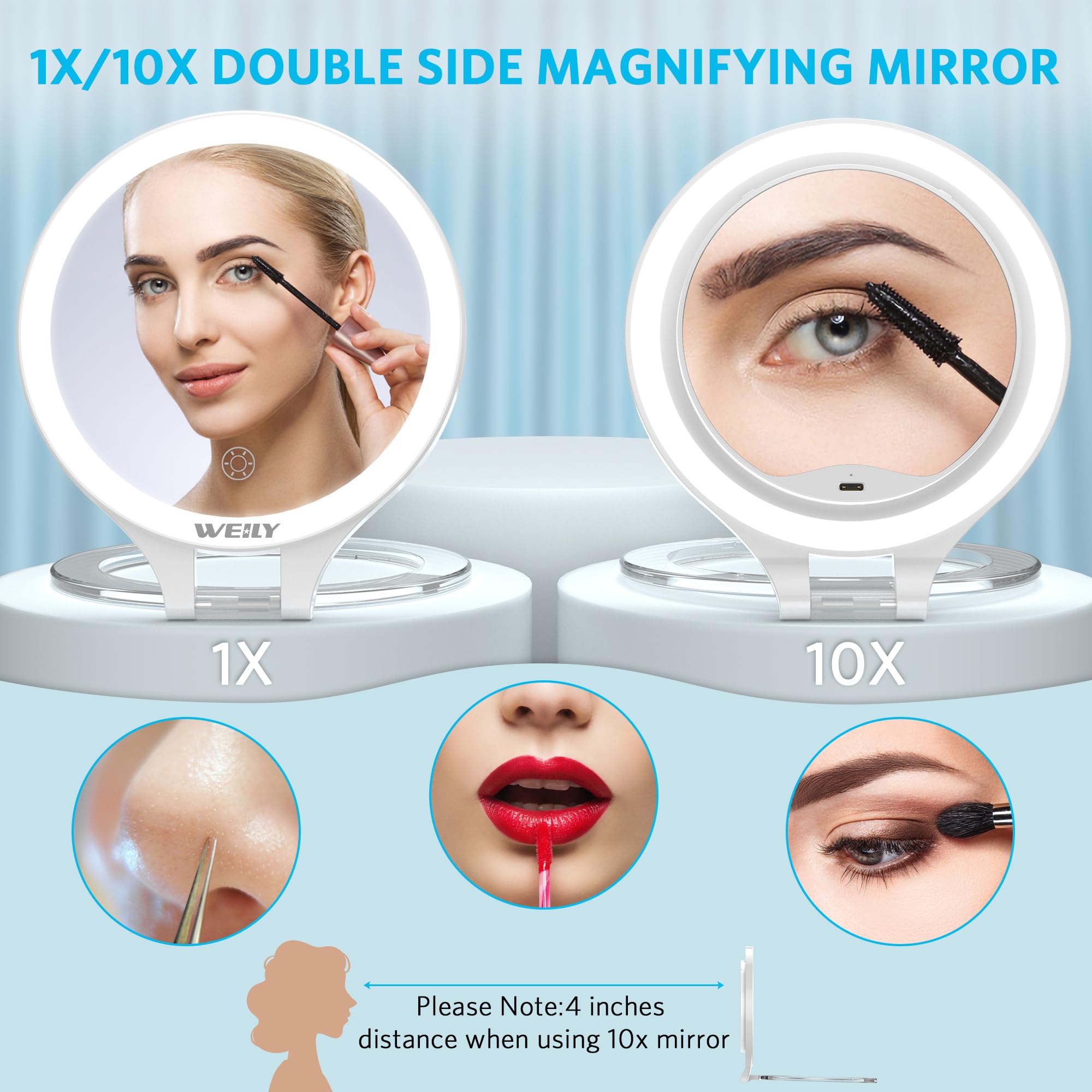 WEILY mirror features 312° rotation for flexible makeup angles.