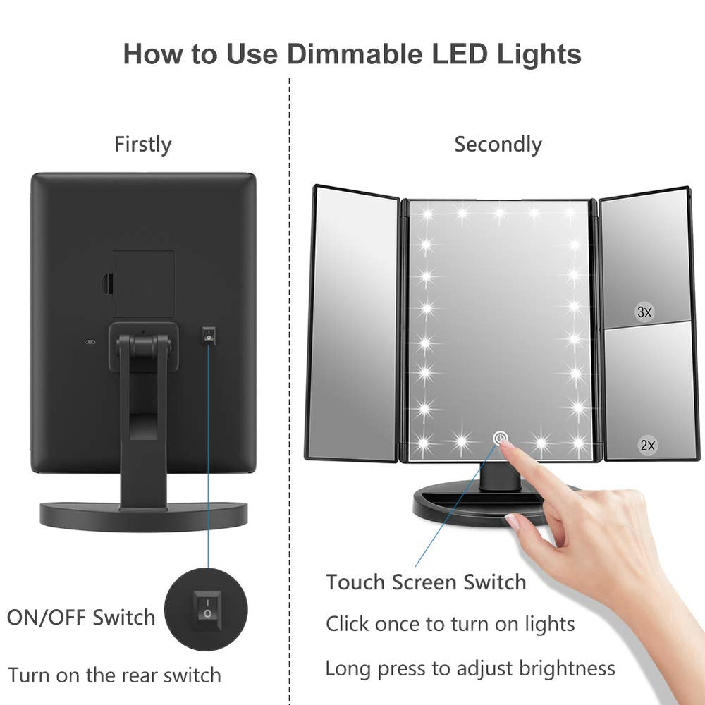WEILY mirror supports USB or battery power for travel-friendly use.