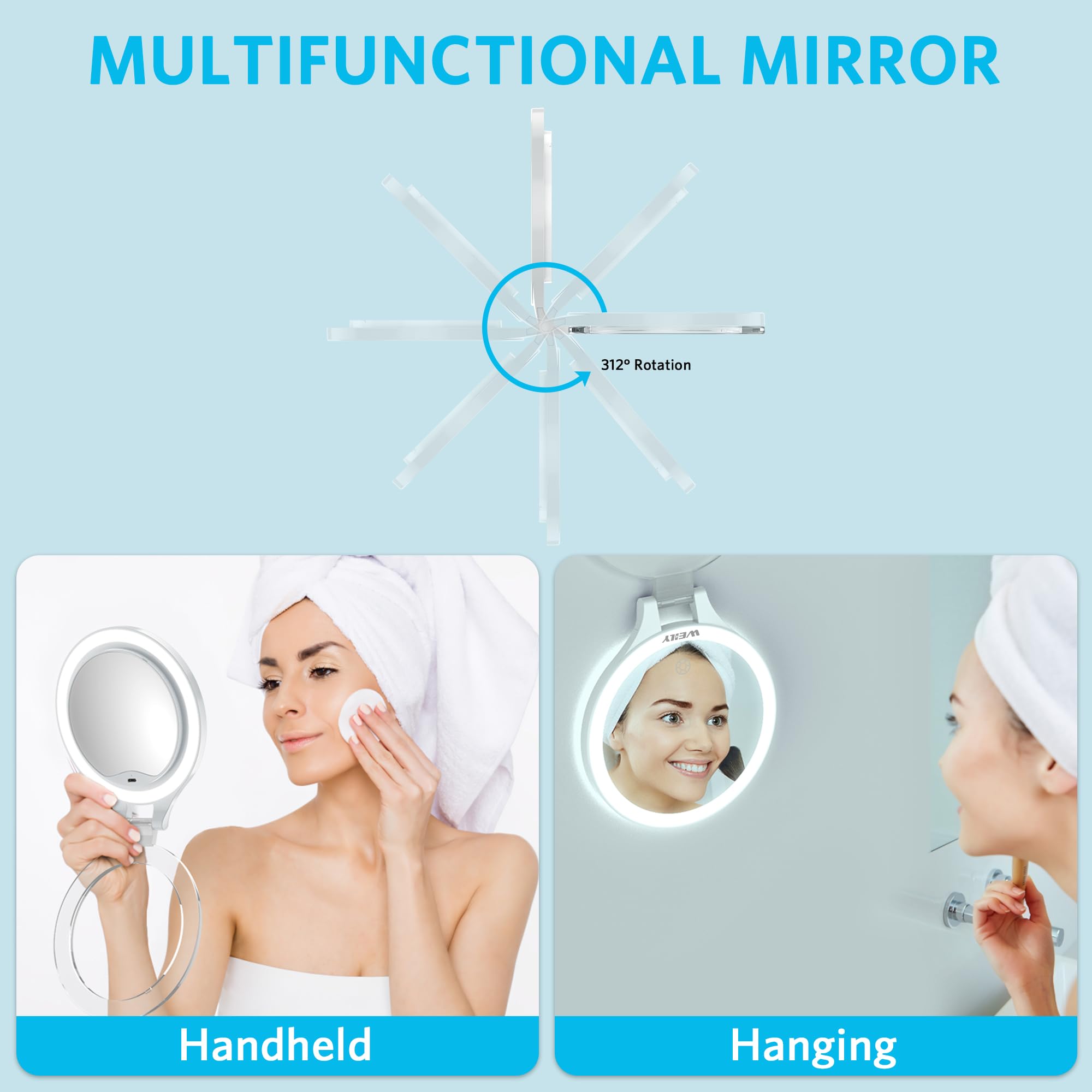WEILY mirror usable as wall-hung or surface-based setup.
