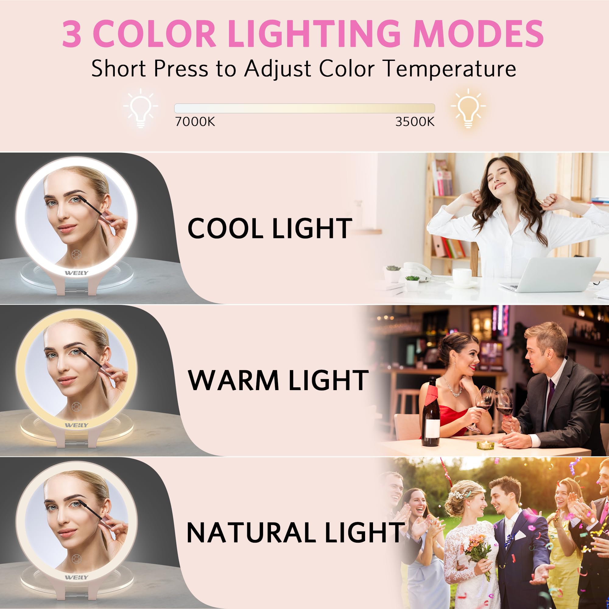 WEILY travel makeup mirror with 3-color lights for natural, warm or white makeup scenarios.