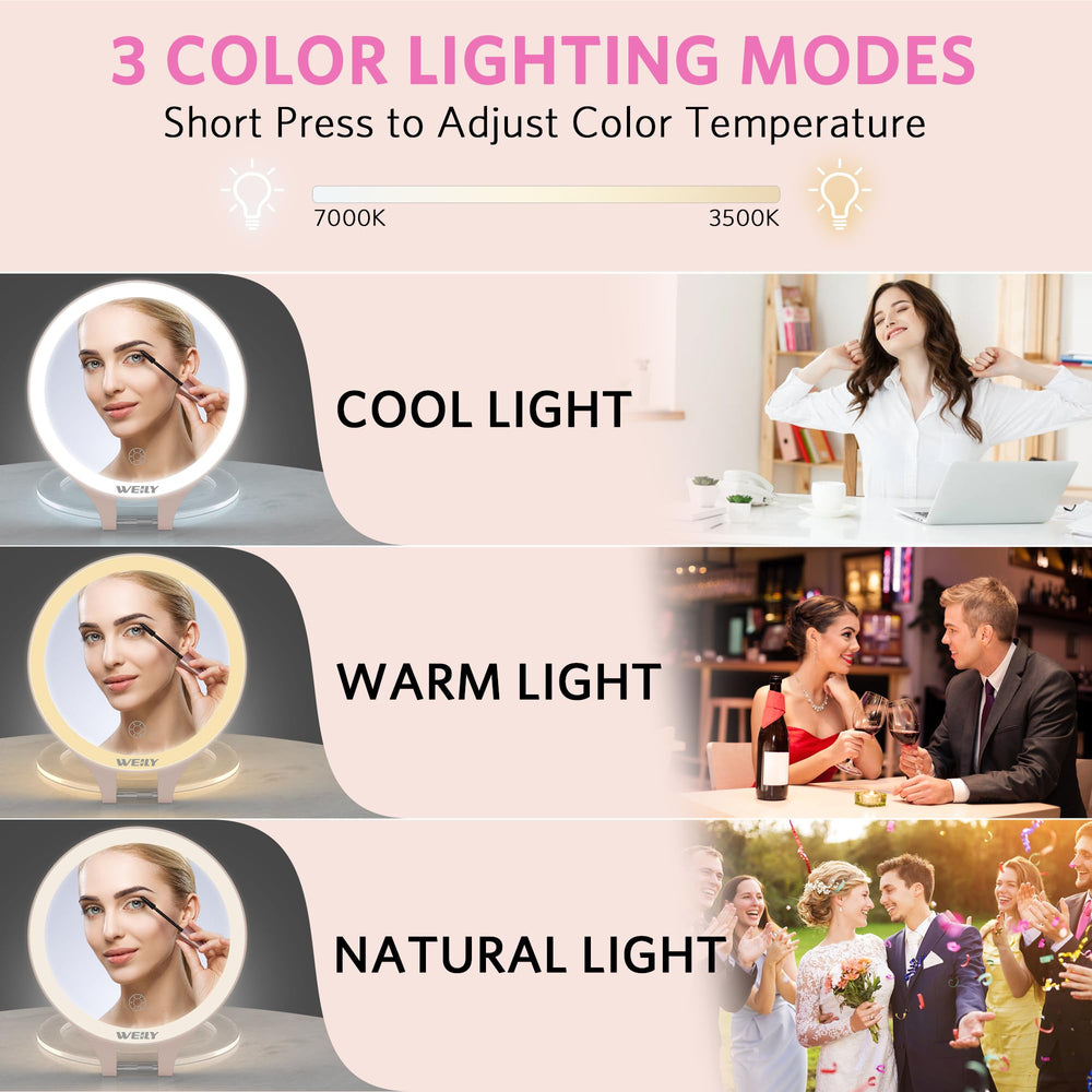 WEILY travel makeup mirror with 3-color lights for natural, warm or white makeup scenarios.