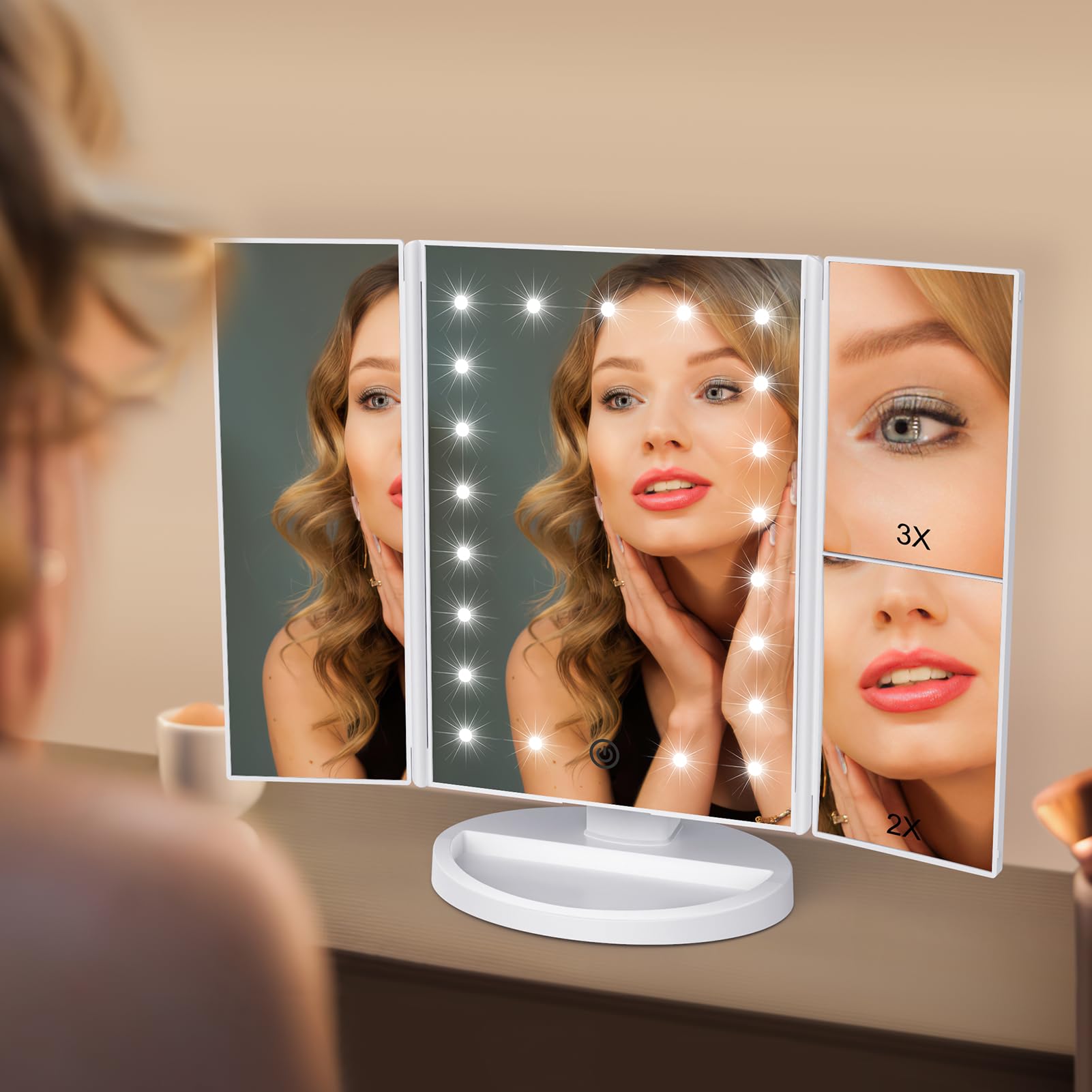 WEILY vanity mirror showing 1x center view with 2x and 3x magnification for detail
