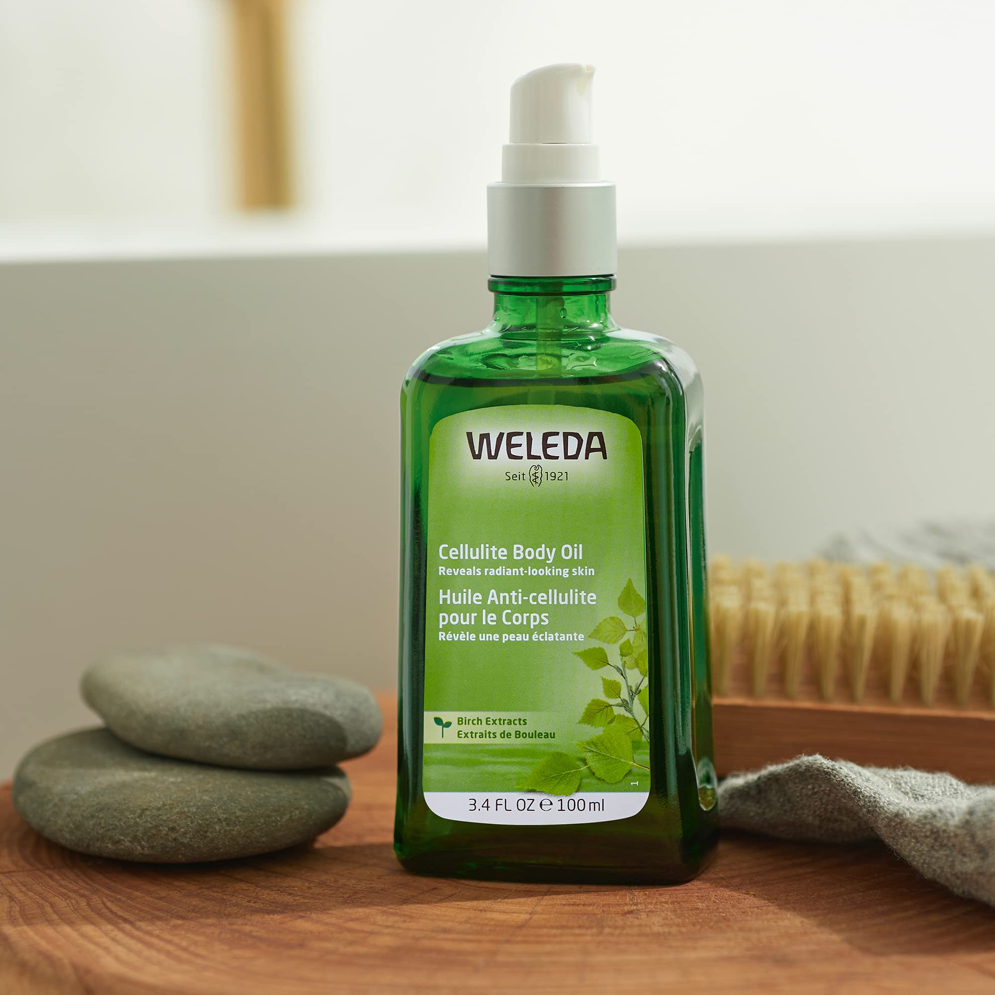 Weleda Birch Cellulite Oil nourishes with wheat germ and jojoba during routine care.