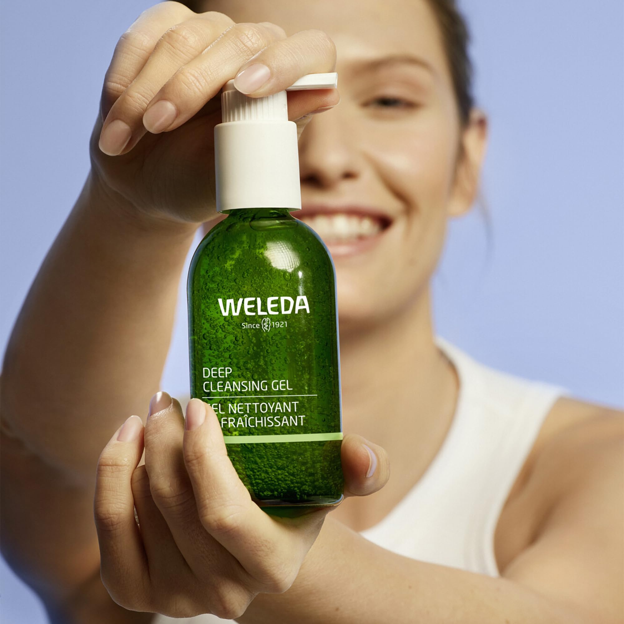 Weleda Deep Cleansing Gel foaming on hand, showing gentle oil control.