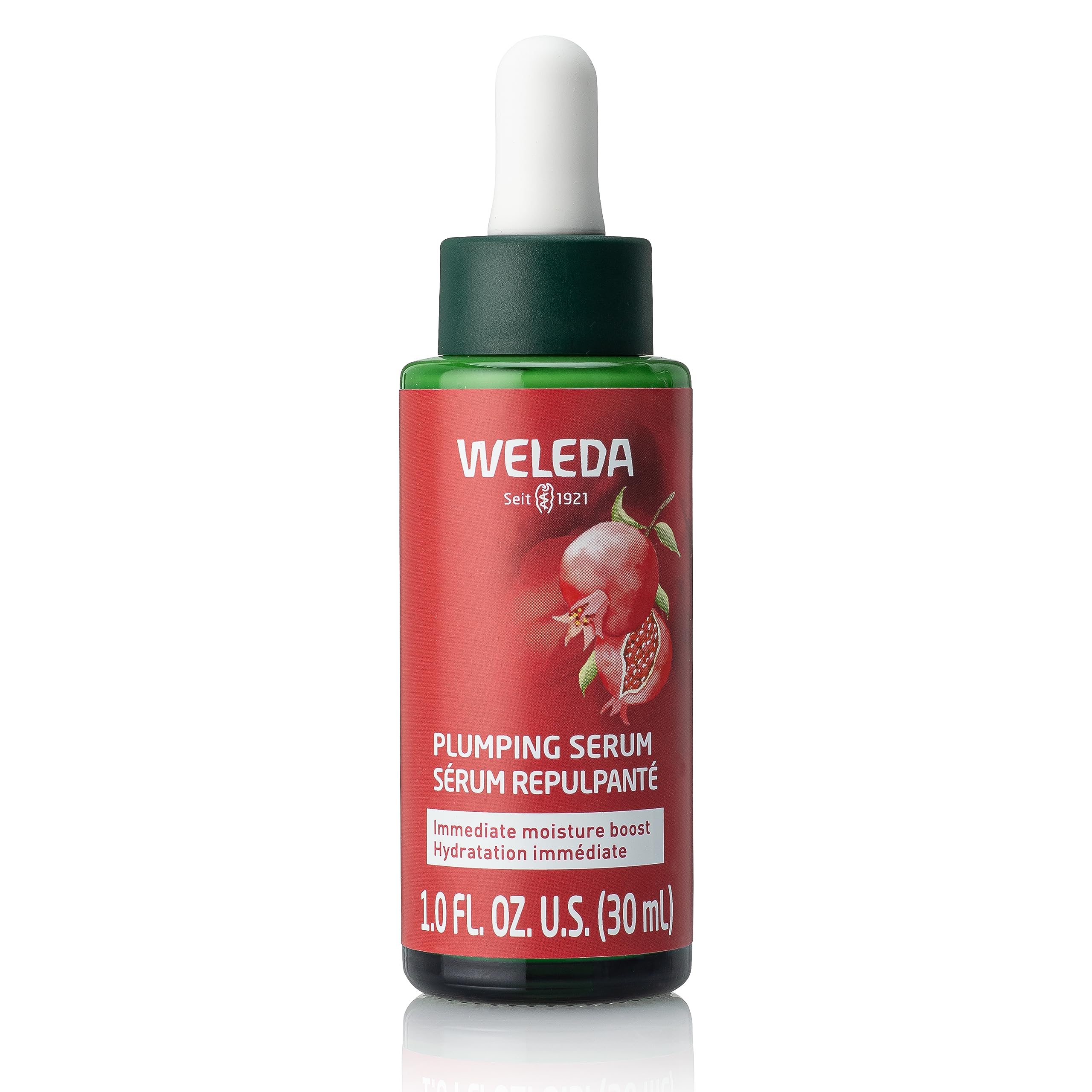 Weleda Face Care Plumping Serum bottle close-up highlighting hydrating formula.