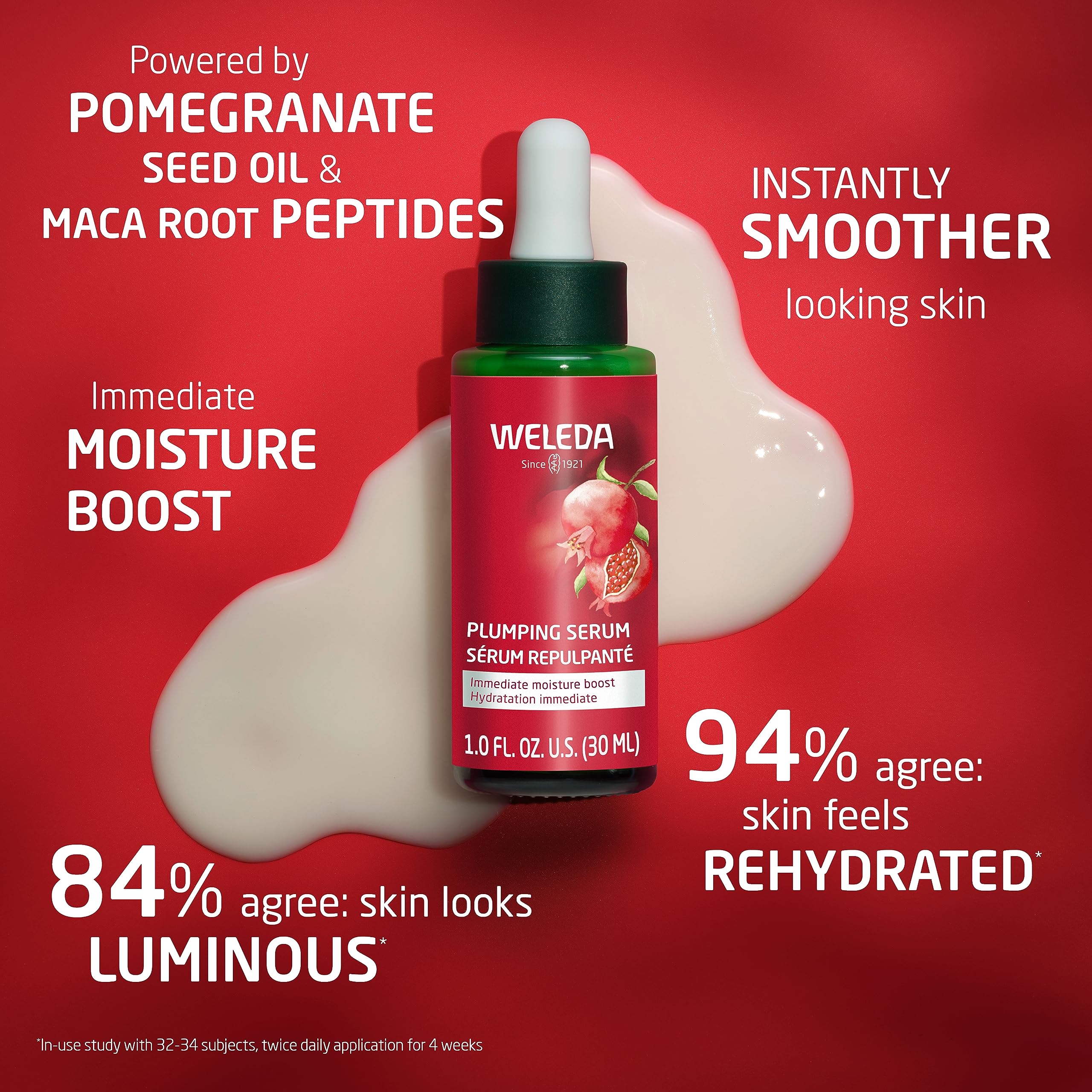 Weleda serum bottle with pomegranate seed oil emphasizes hydration potential.