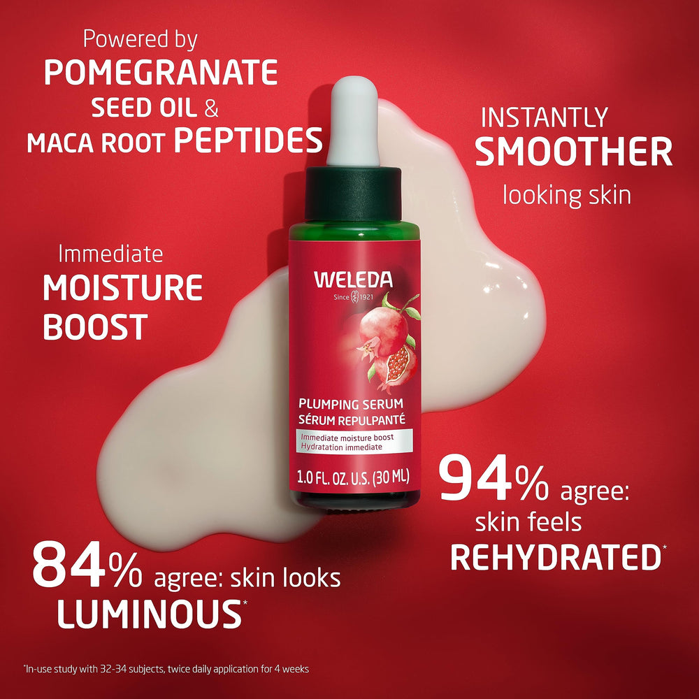 Weleda serum bottle with pomegranate seed oil emphasizes hydration potential.