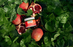 Weleda pomegranate seed oil highlights antioxidant-rich nourishment for the skin glow.