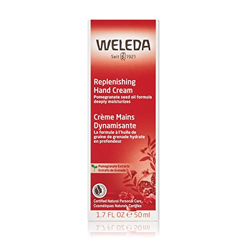 Weleda Regenerating Pomegranate Hand Cream label closeup emphasizing ingredients for resilience