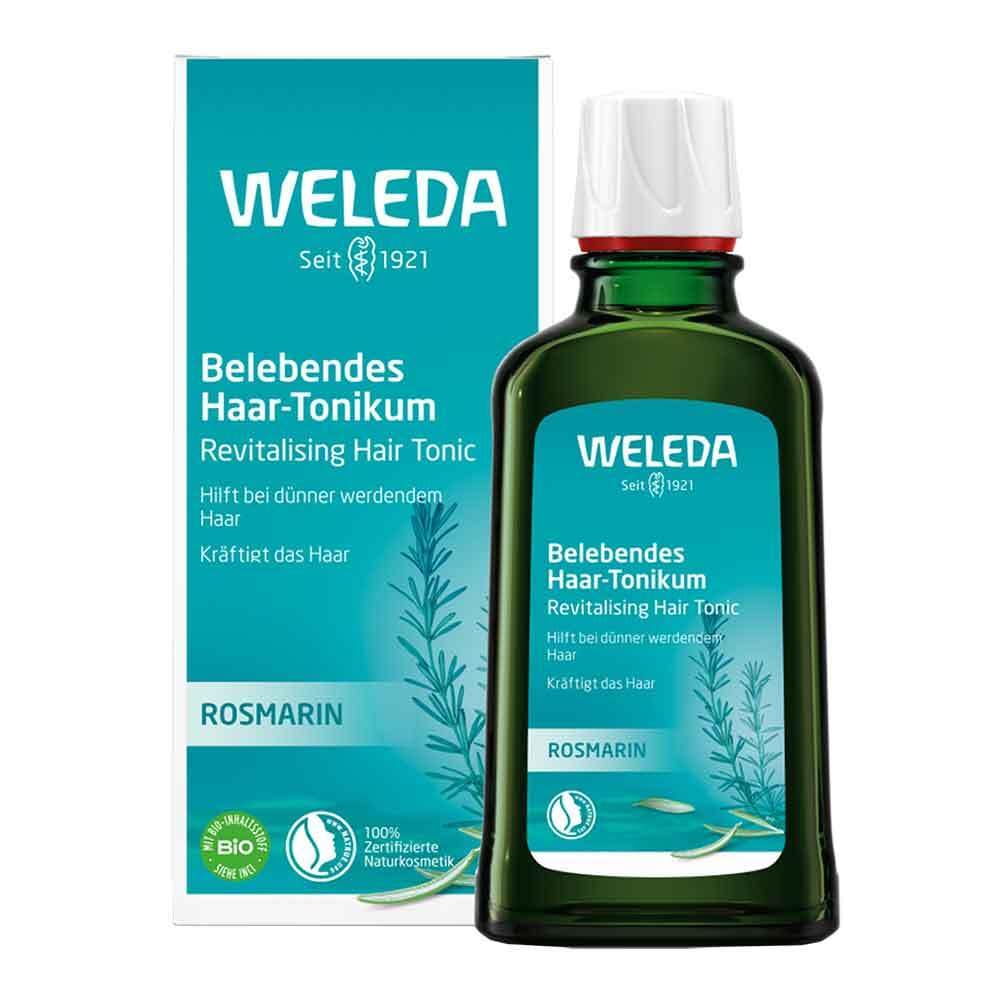 Weleda rosemary revitalising hair tonic bottle for scalp refreshment and hair vitality.