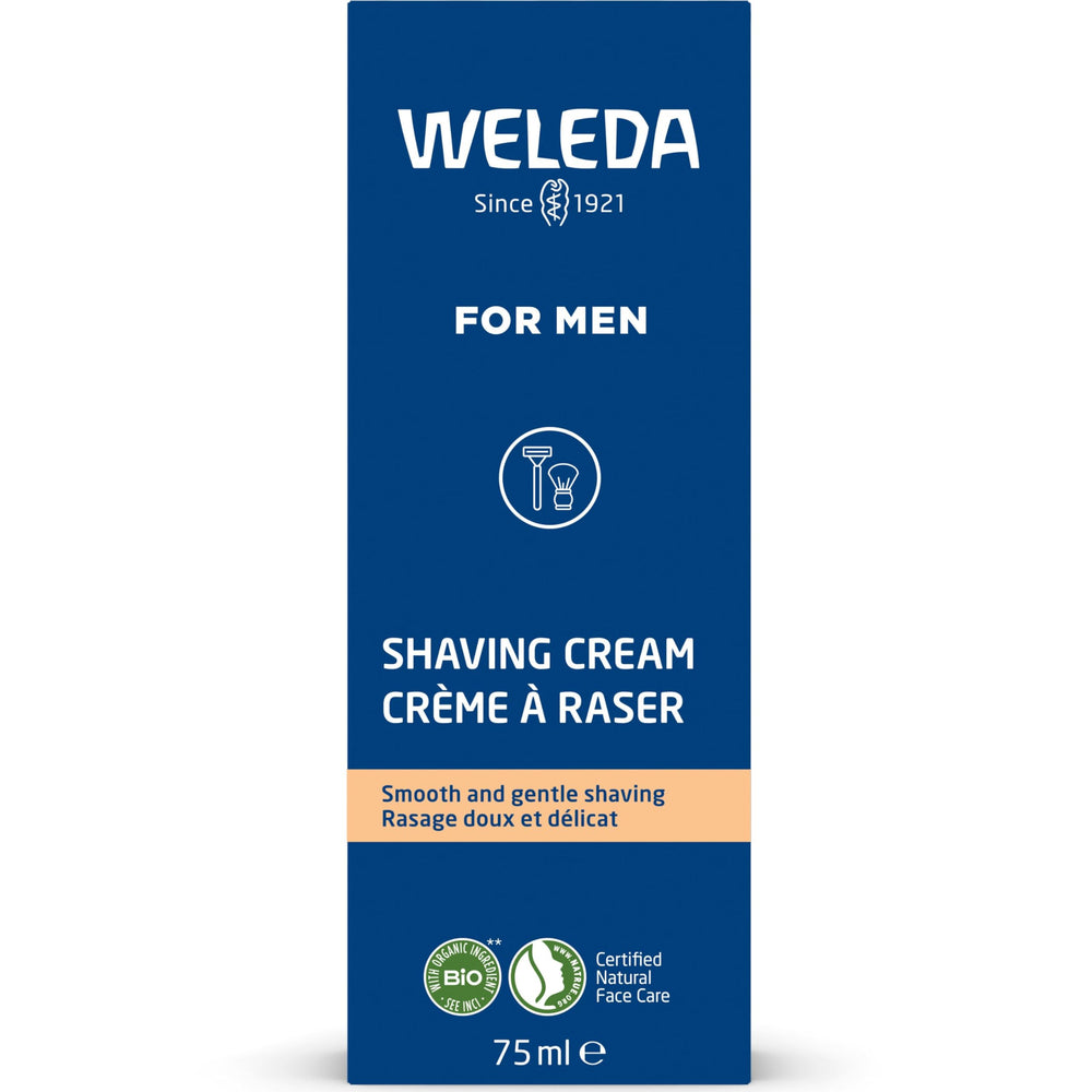 Weleda shaving cream packaging highlights fragrance-free formula.