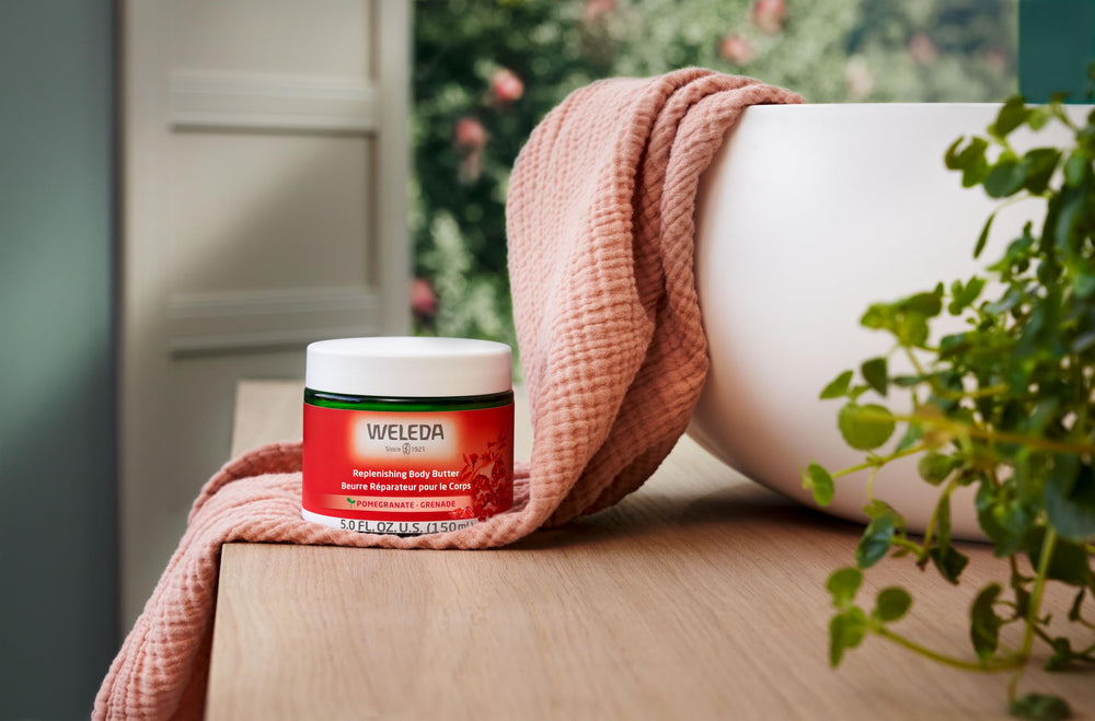 Weleda Shea butter provides creamy nourishment for smooth, hydrated skin texture.
