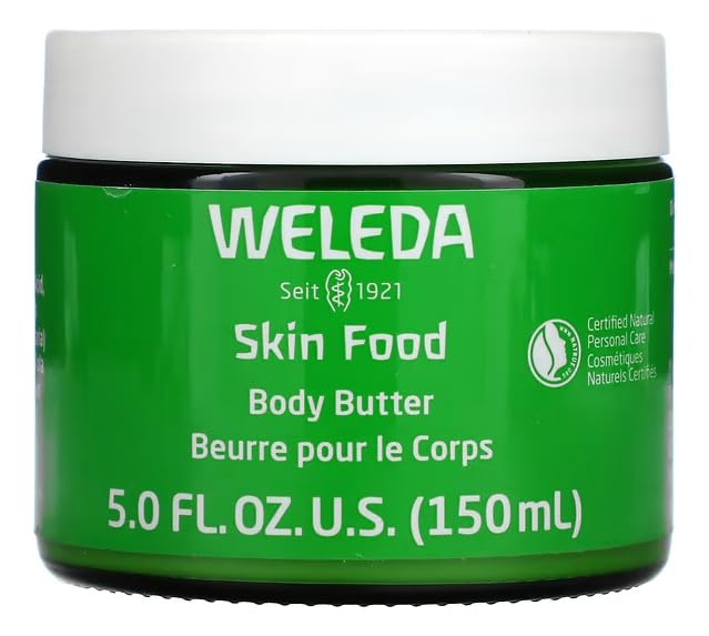 Weleda Skin Food Body Butter highlights shea and cocoa butter nourishing the skin.