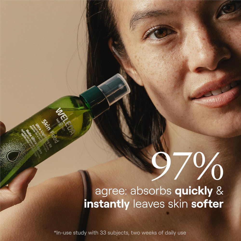 Weleda Skin Food Ultra-Light Dry Oil applied on skin showing fast-absorbing finish