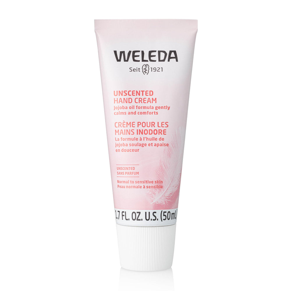 Weleda Unscented Hand Cream tube for fragrance-free moisture on dry hands.