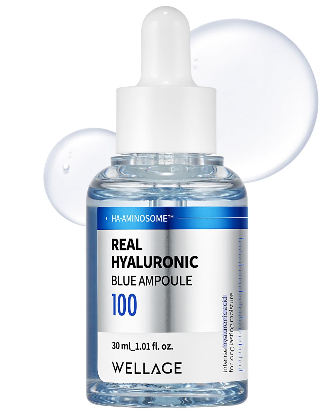 WELLAGE Real Hyaluronic Blue Ampoule bottle being poured for deep hydration.