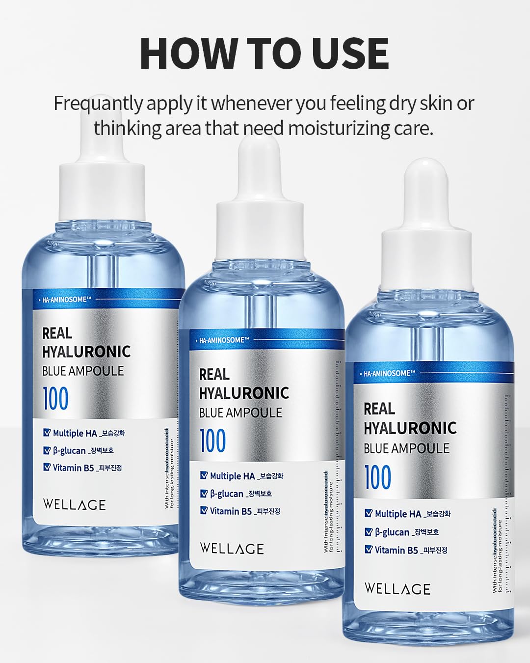 WELLAGE Real Hyaluronic Blue Ampoule glass bottle with dropper for skin-plumping effect.