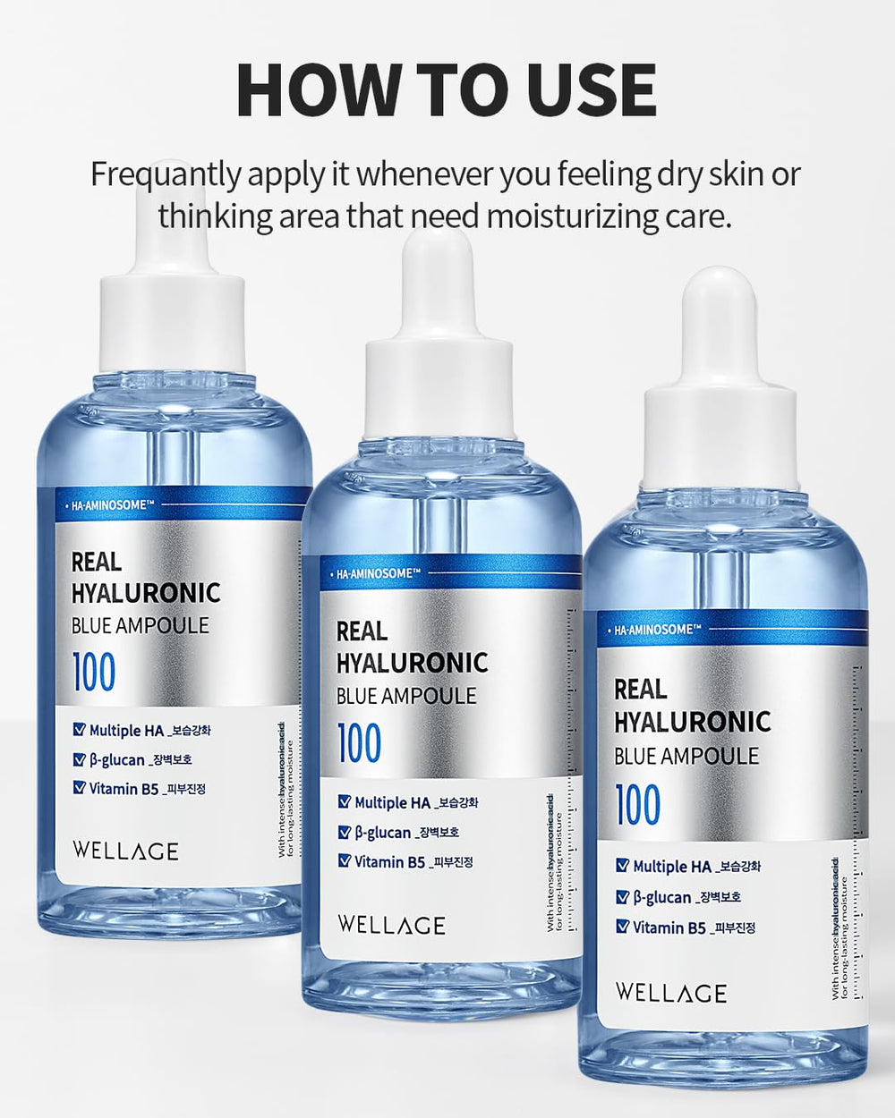 WELLAGE Real Hyaluronic Blue Ampoule glass bottle with dropper for skin-plumping effect.