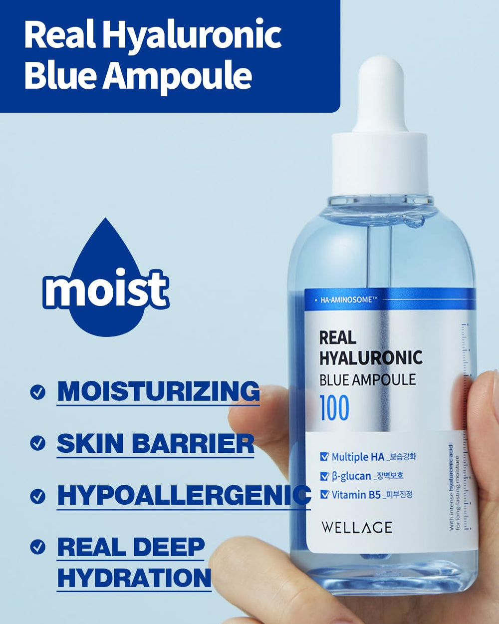 WELLAGE Real Hyaluronic Blue Ampoule ingredient map highlighting panthenol centella and wild yam.