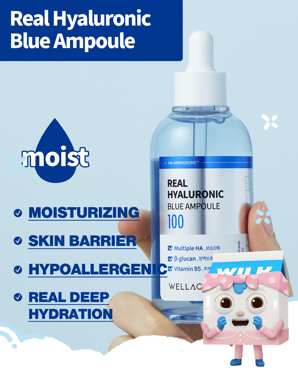 WELLAGE Real Hyaluronic Blue Ampoule packaging front highlights fragrance-free, cruelty-free skincare