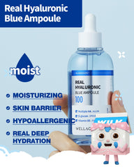 WELLAGE Real Hyaluronic Blue Ampoule packaging front highlights fragrance-free, cruelty-free skincare