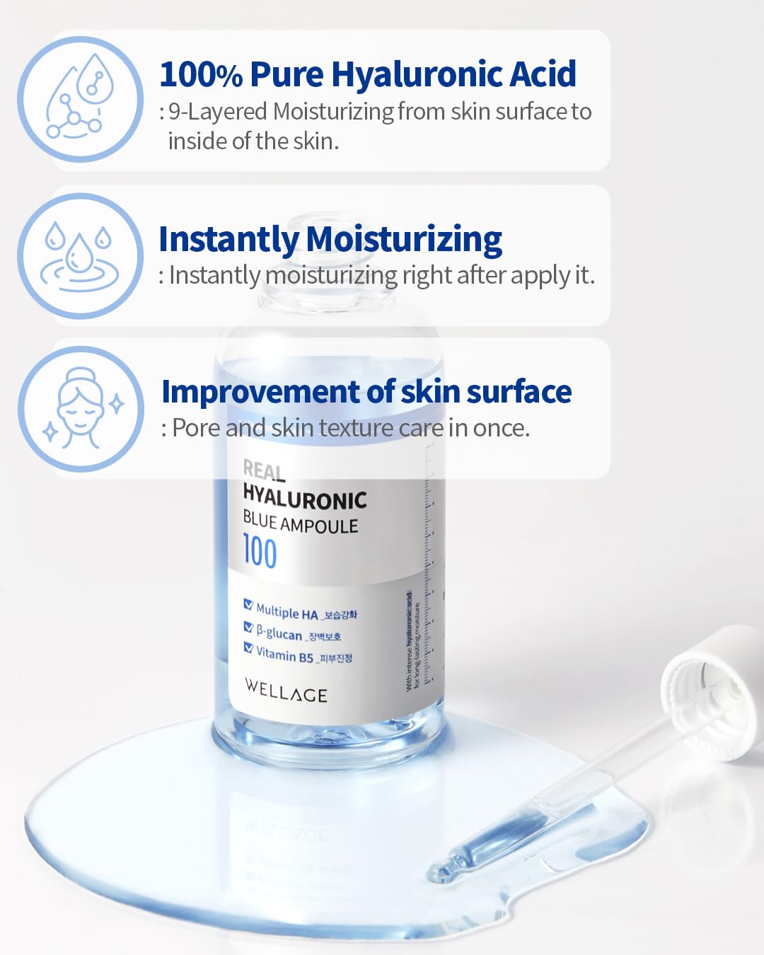 WELLAGE Real Hyaluronic Blue Ampoule packaging on shelf for fragrance-free hydration.