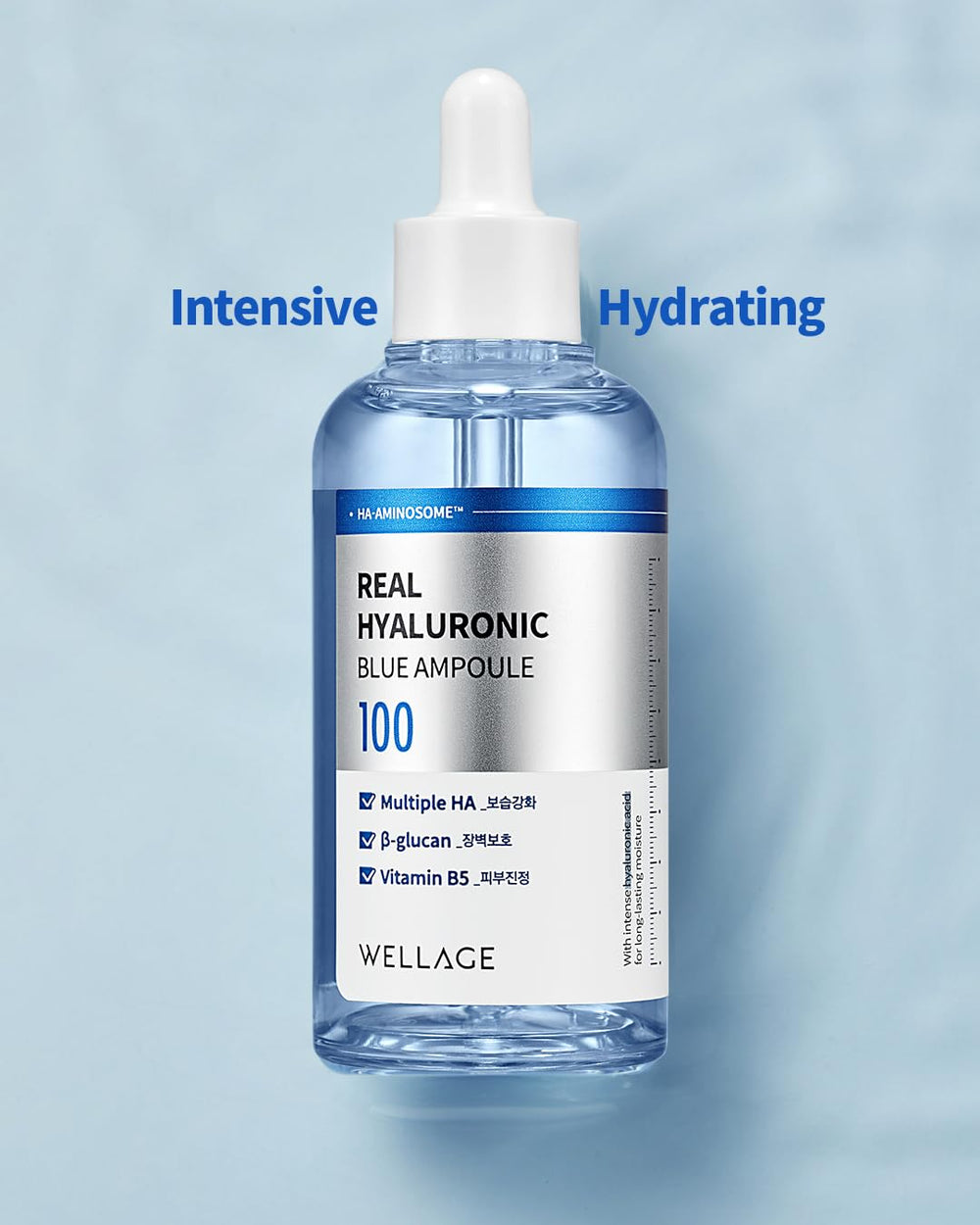 WELLAGE Real Hyaluronic Blue Ampoule on clean skin showing dewy glow.