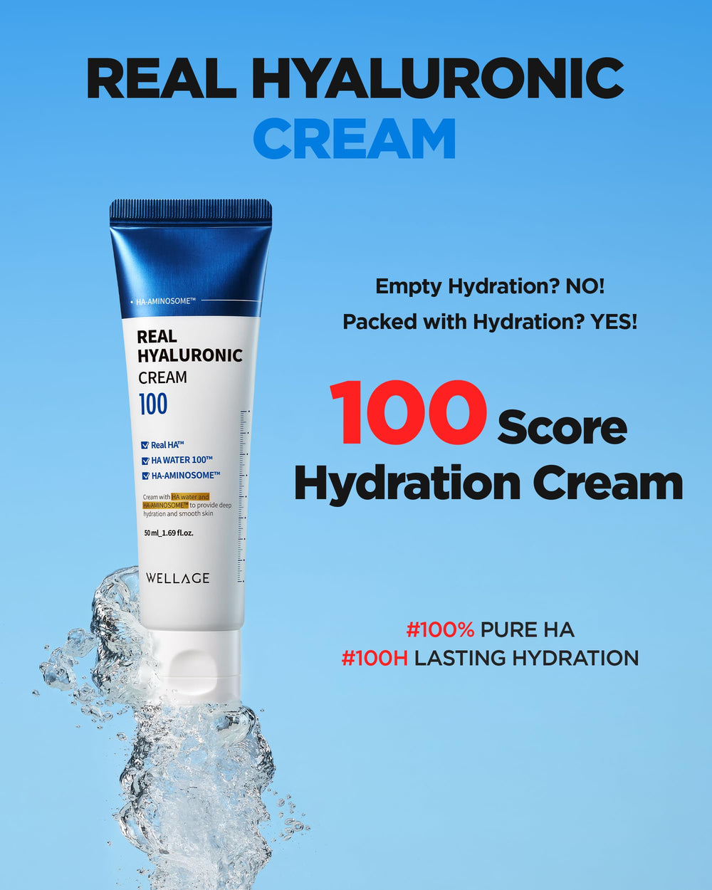 Wellage Real Hyaluronic Cream with 500000 PPM ultramolecular HA for deep hydration.