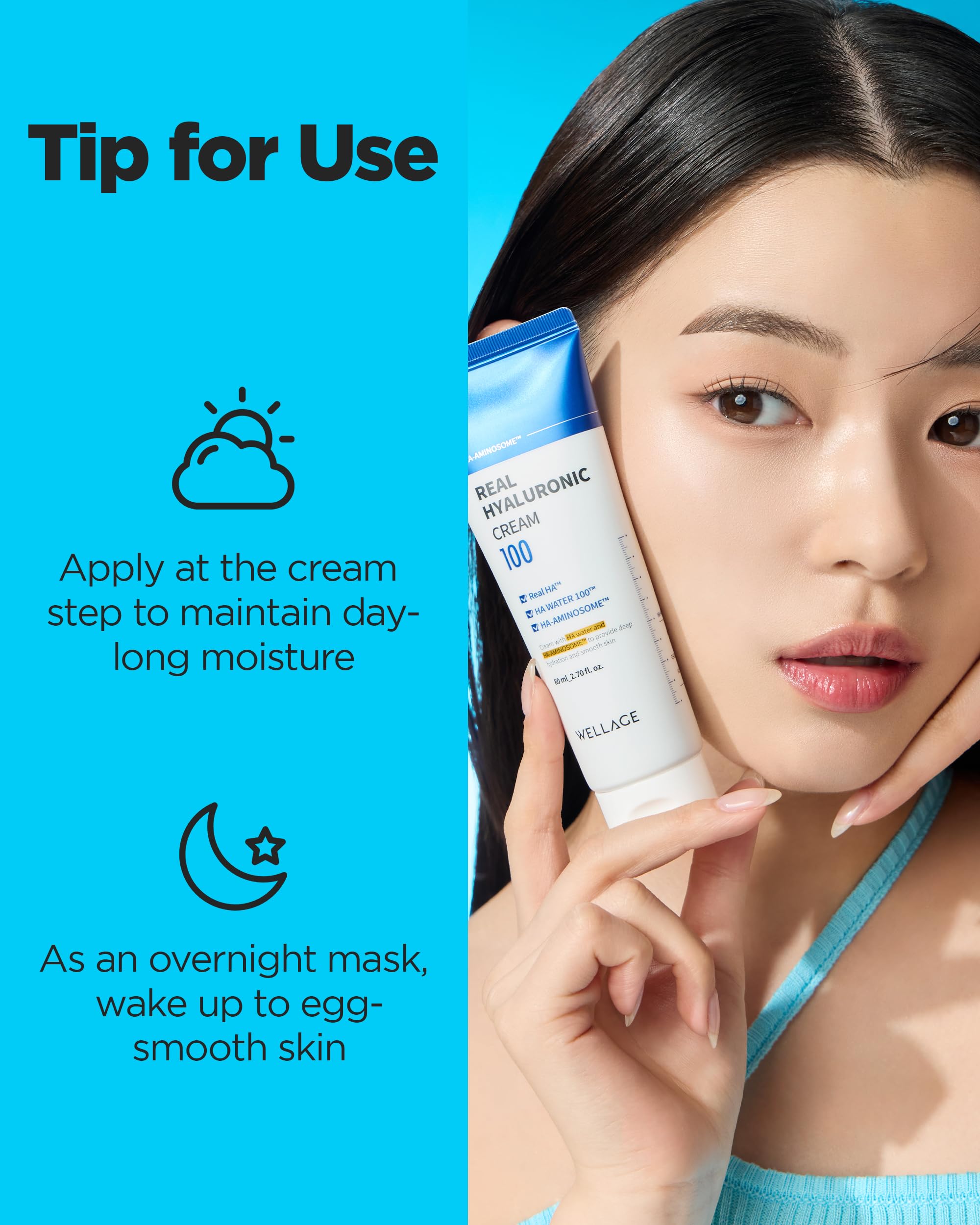 Wellage Real Hyaluronic Cream with ceramides panthenol and niacinamide supports hydration and skin barrier.
