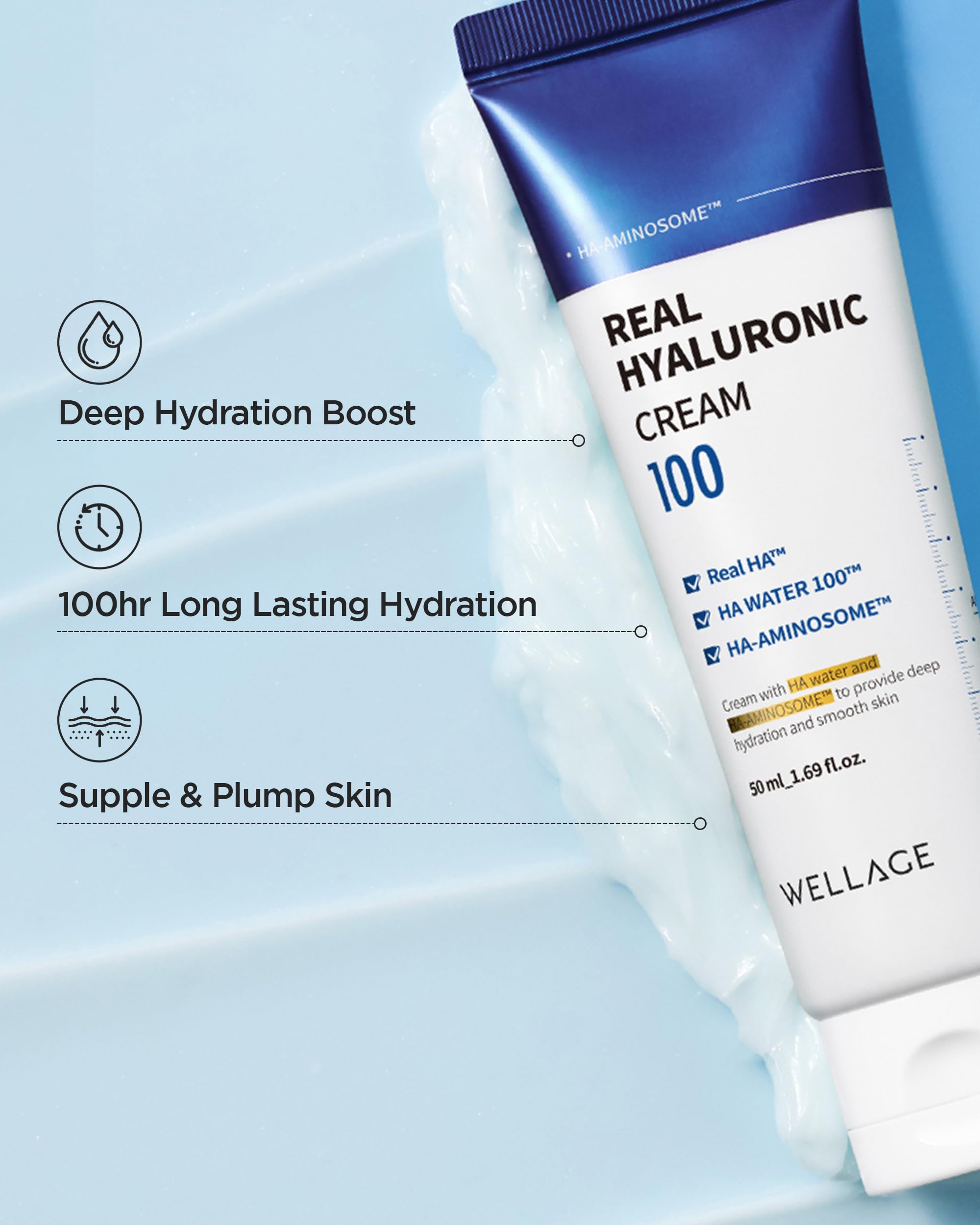 Wellage Real Hyaluronic Cream depicted as hypoallergenic formula suitable for sensitive skin.