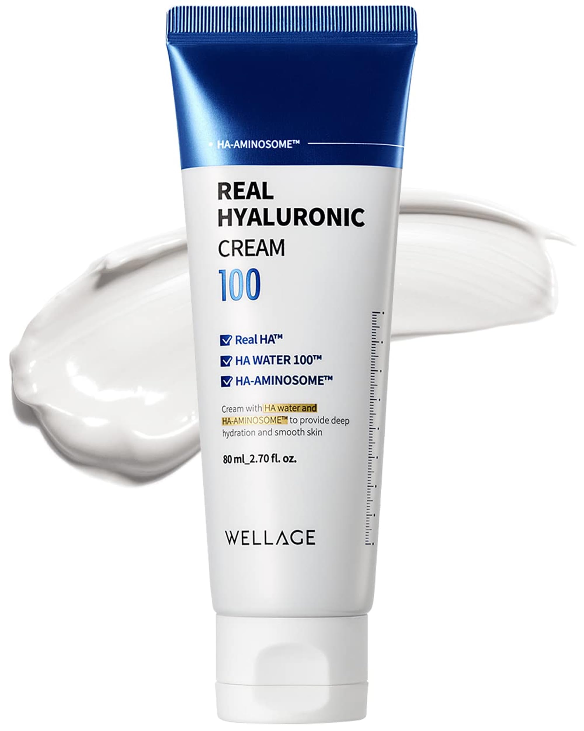 Wellage Real Hyaluronic Cream jar closeup shows rich hydration for daily use.