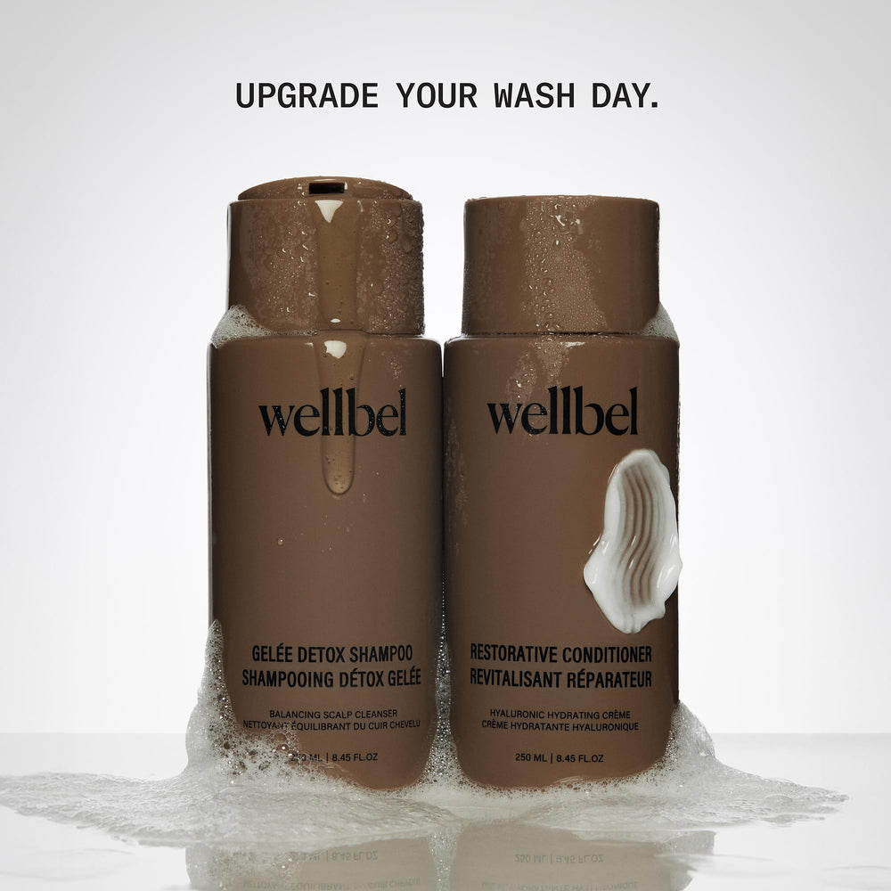 Wellbel Gelée Detox bathroom routine visual suggests post-shower refresh.