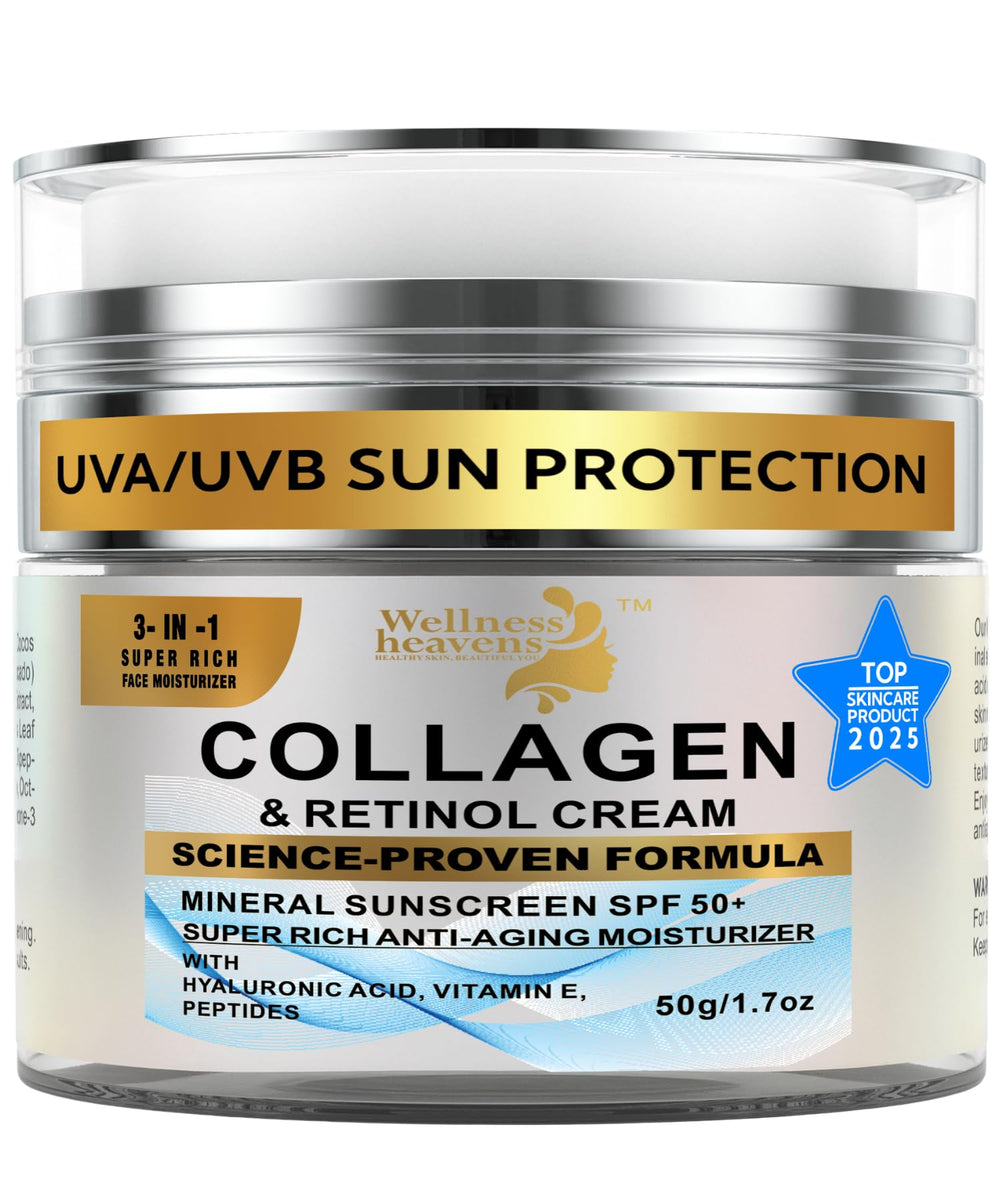 Wellness Heavens crema anti edad en envase, hidratación diaria y protección.