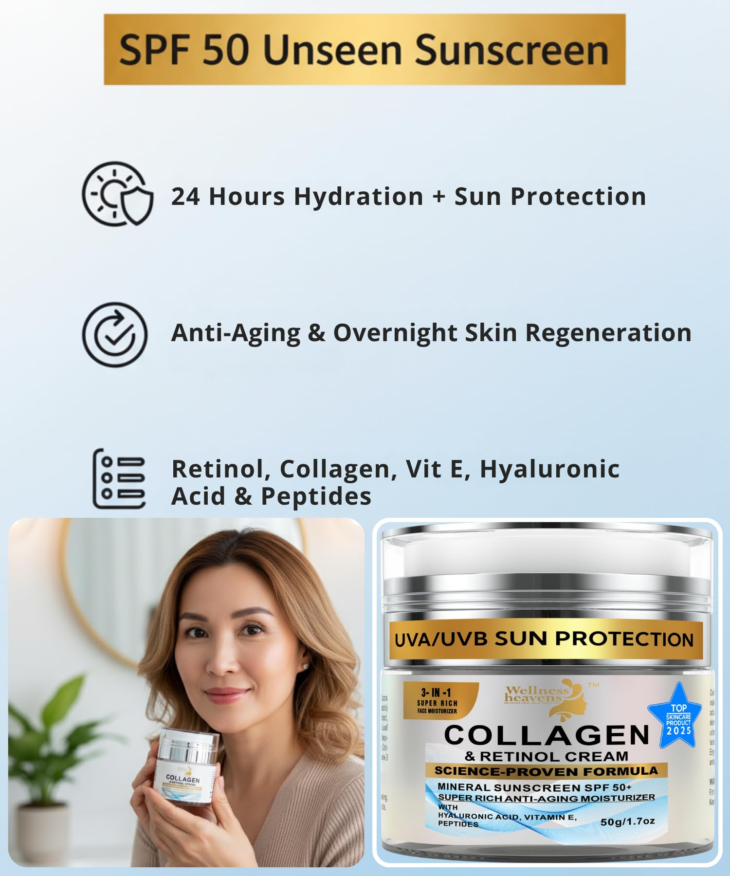 Wellness Heavens SPF packaging suitable for travel and everyday sunscreen