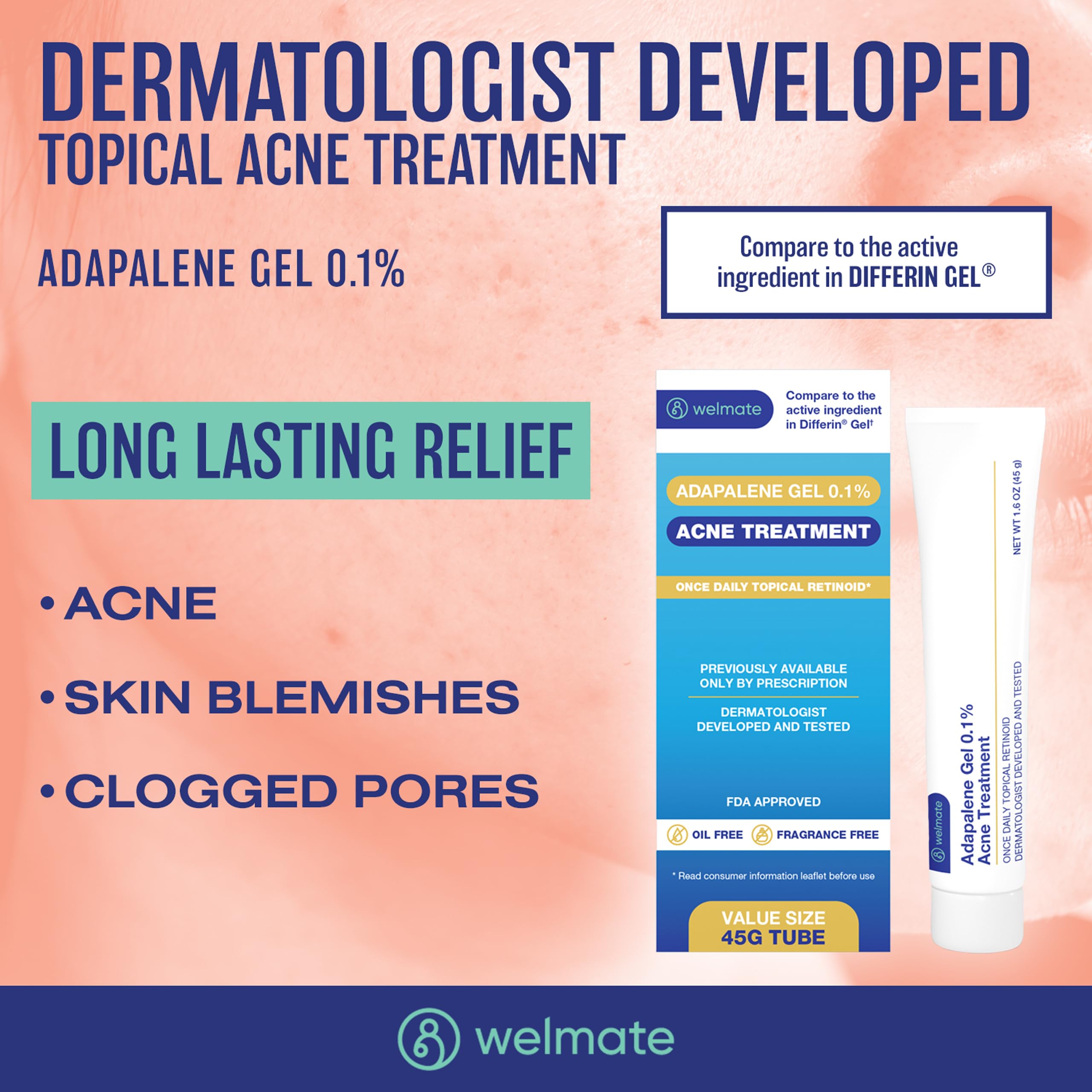 WELMATE Adapalene Gel applied to the face for clearer pores.