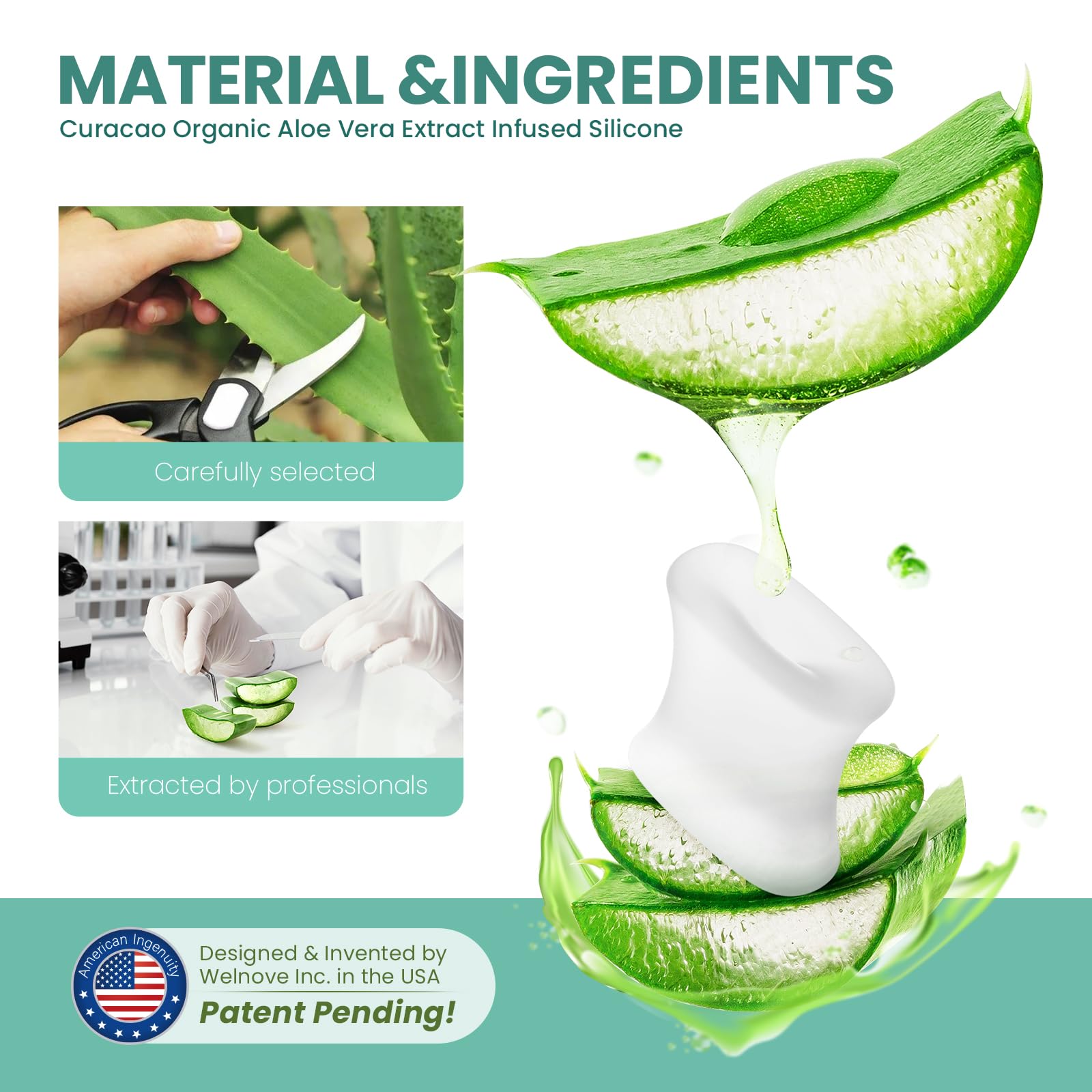 Welnove aloe vera-infused silicone detail shows skin-moisturizing properties.