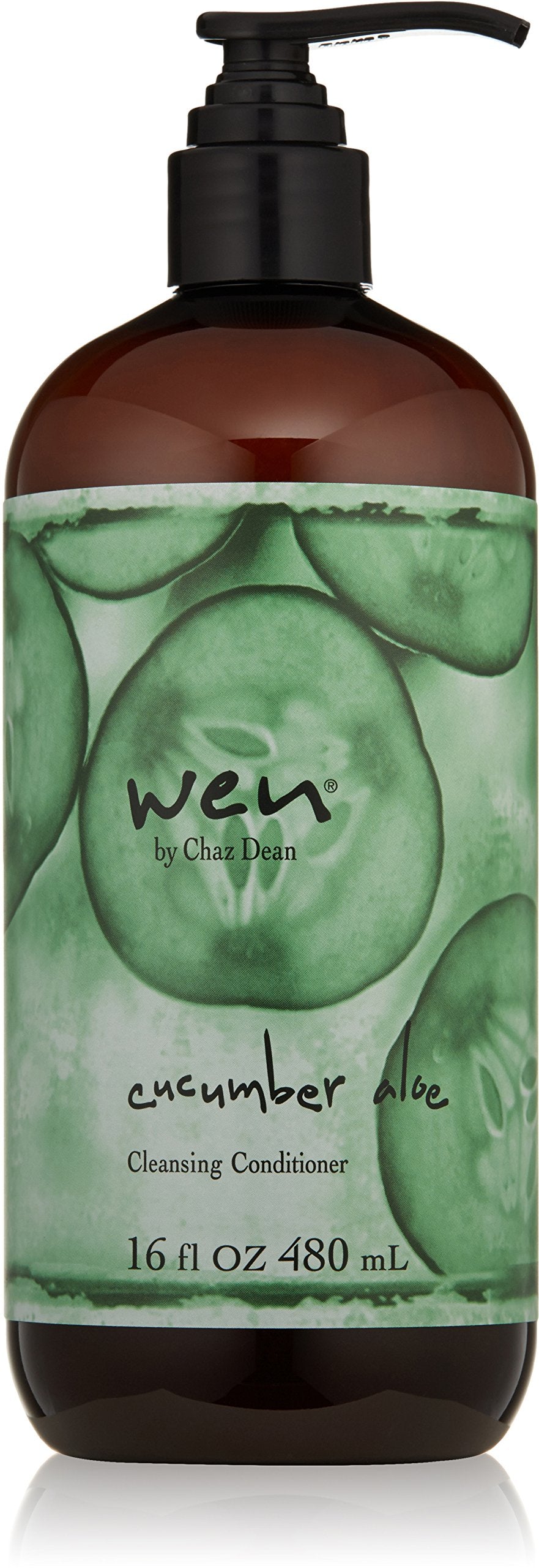 The WEN by Chaz Dean cucumber aloe cleansing conditioner bottle highlights color-safe cleansing.