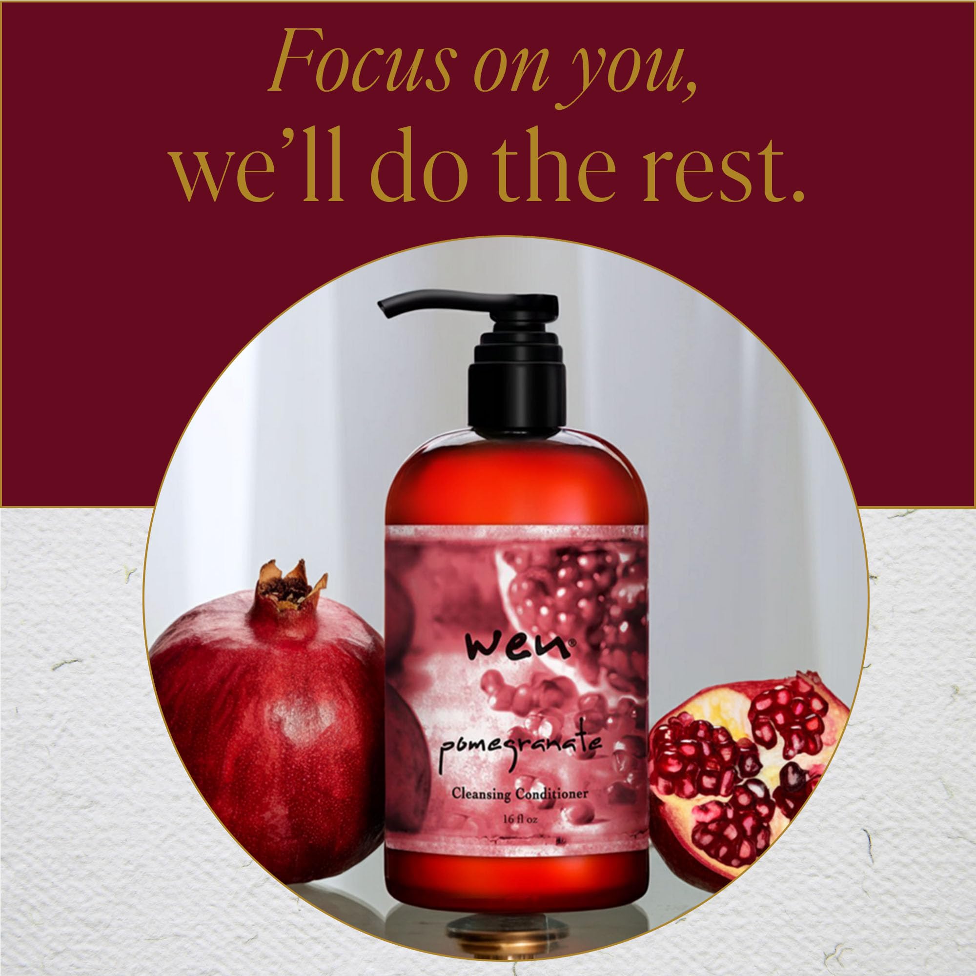 WEN Pomegranate bottle close-up emphasizes aroma and conditioning benefits.