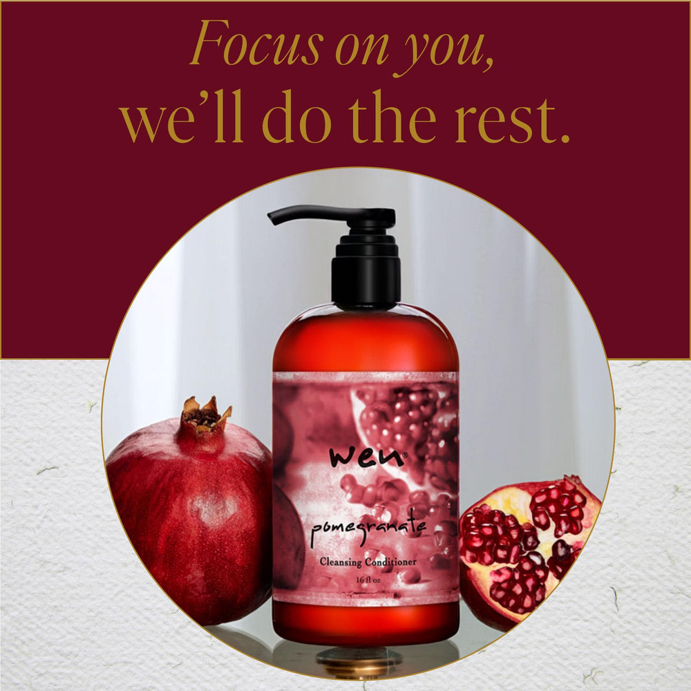 WEN Pomegranate bottle close-up emphasizes aroma and conditioning benefits.