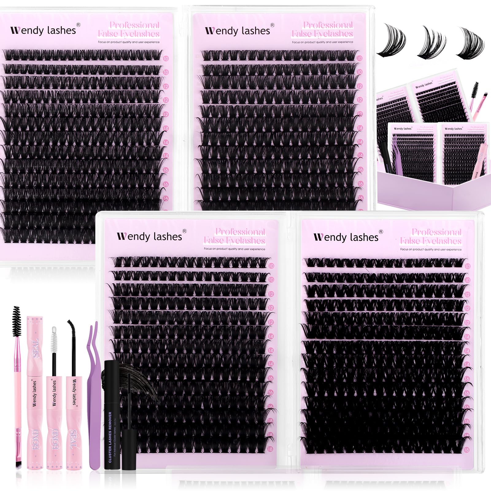 Wendy Lashes kit clusters 980 piezas para look natural y elegante.