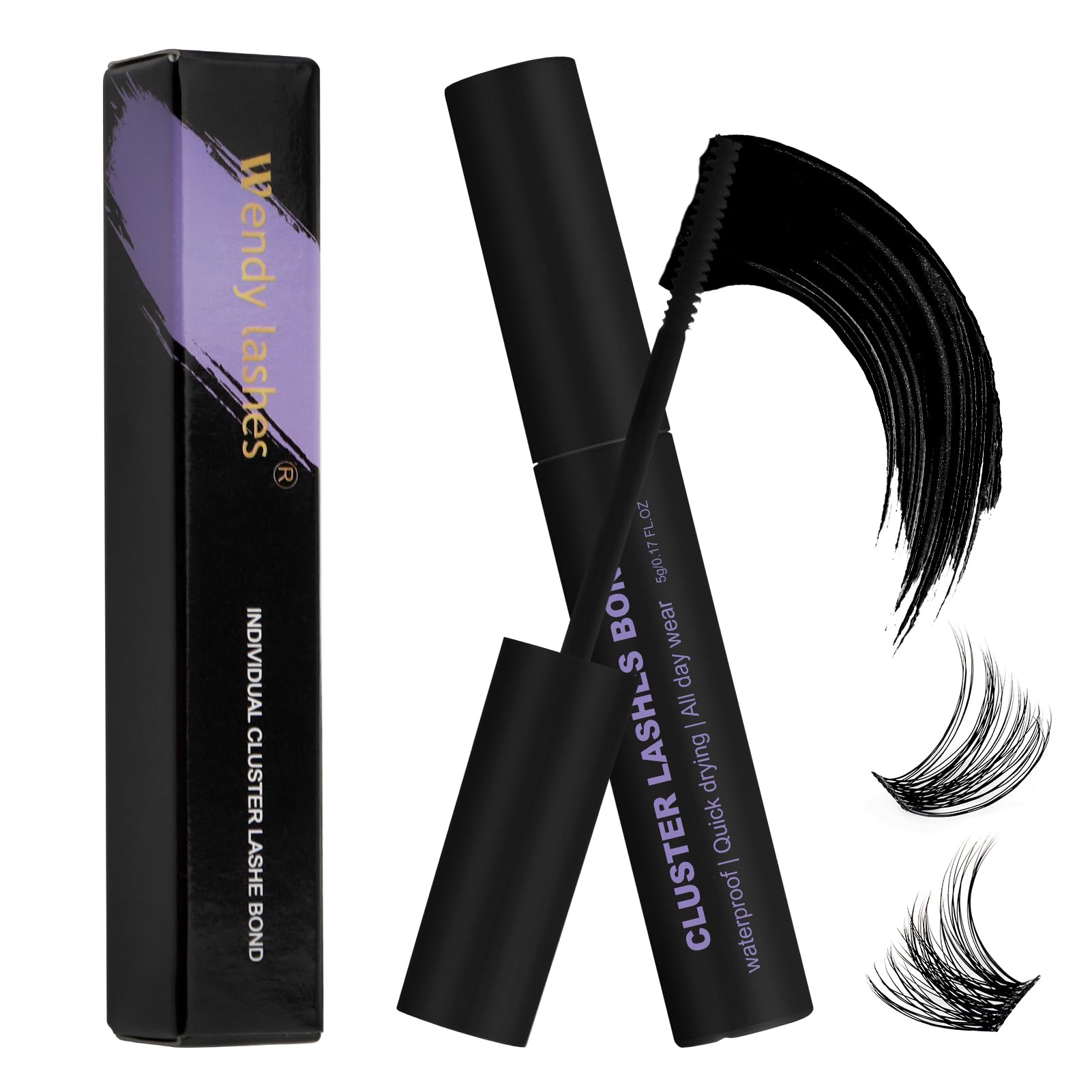 Wendy Lashes lash glue bottle closeup with black, fast-drying formula for clean lines.