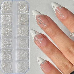 WENEWFINE 12 grids white pearl beads for nails, elegant nail art.